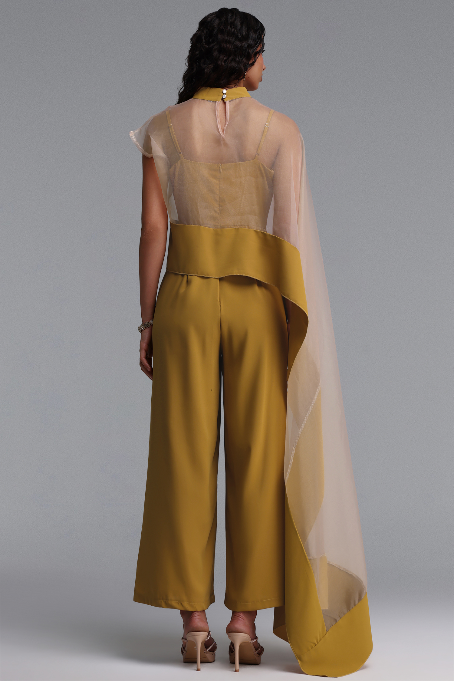 Linda Elegant Cinched-Waist Asymmetric Sheer Organza Wide Leg Jumpsuit