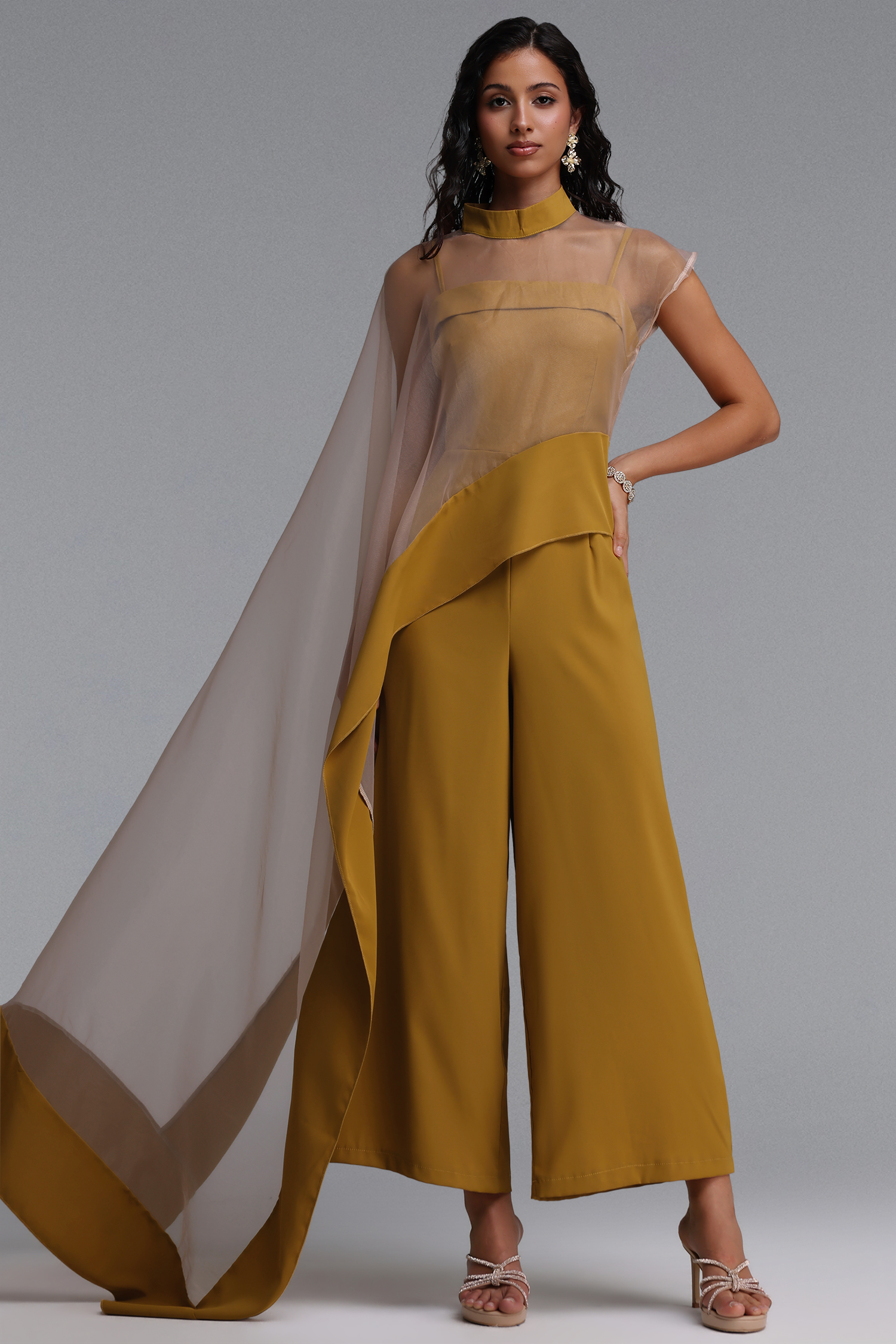 Linda Elegant Cinched-Waist Asymmetric Sheer Organza Wide Leg Jumpsuit