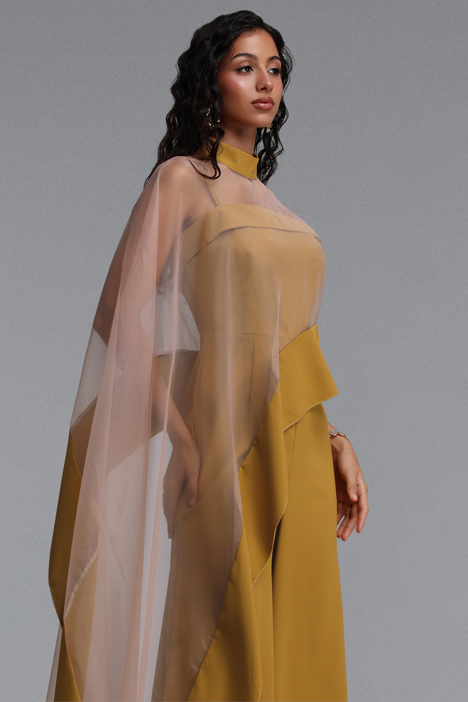 Linda Elegant Cinched-Waist Asymmetric Sheer Organza Wide Leg Jumpsuit
