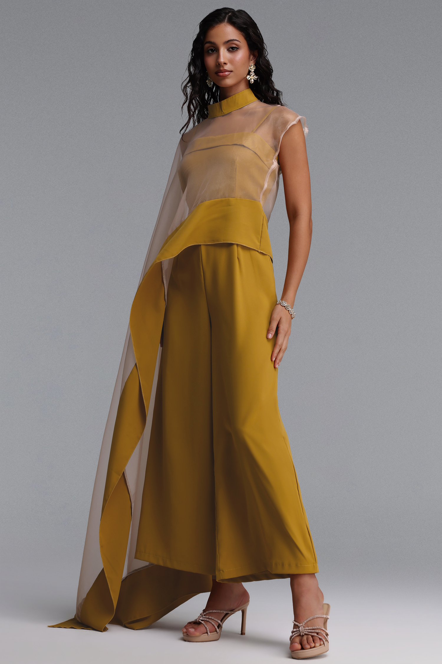 Linda Elegant Cinched-Waist Asymmetric Sheer Organza Wide Leg Jumpsuit