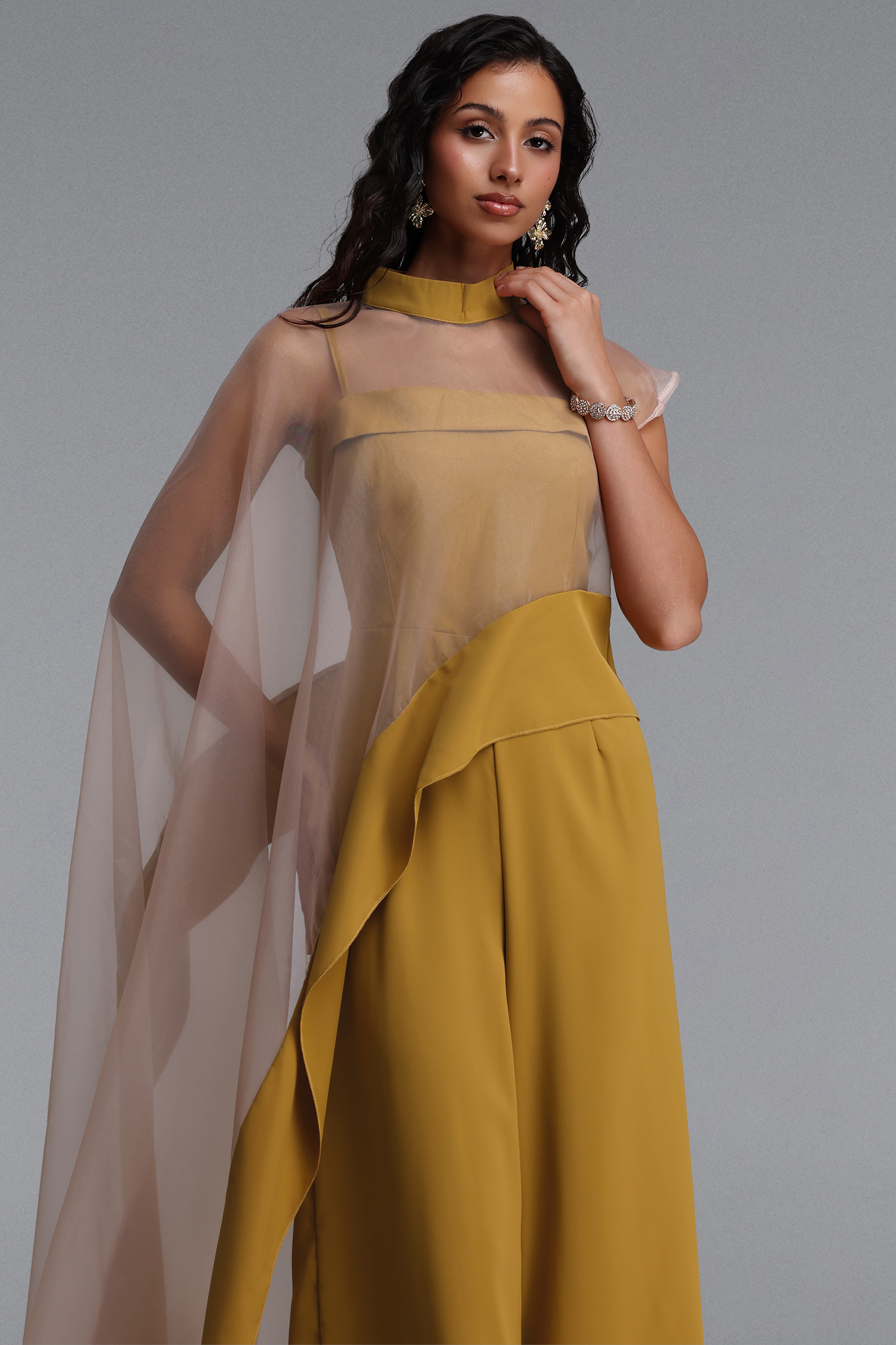 Linda Elegant Cinched-Waist Asymmetric Sheer Organza Wide Leg Jumpsuit