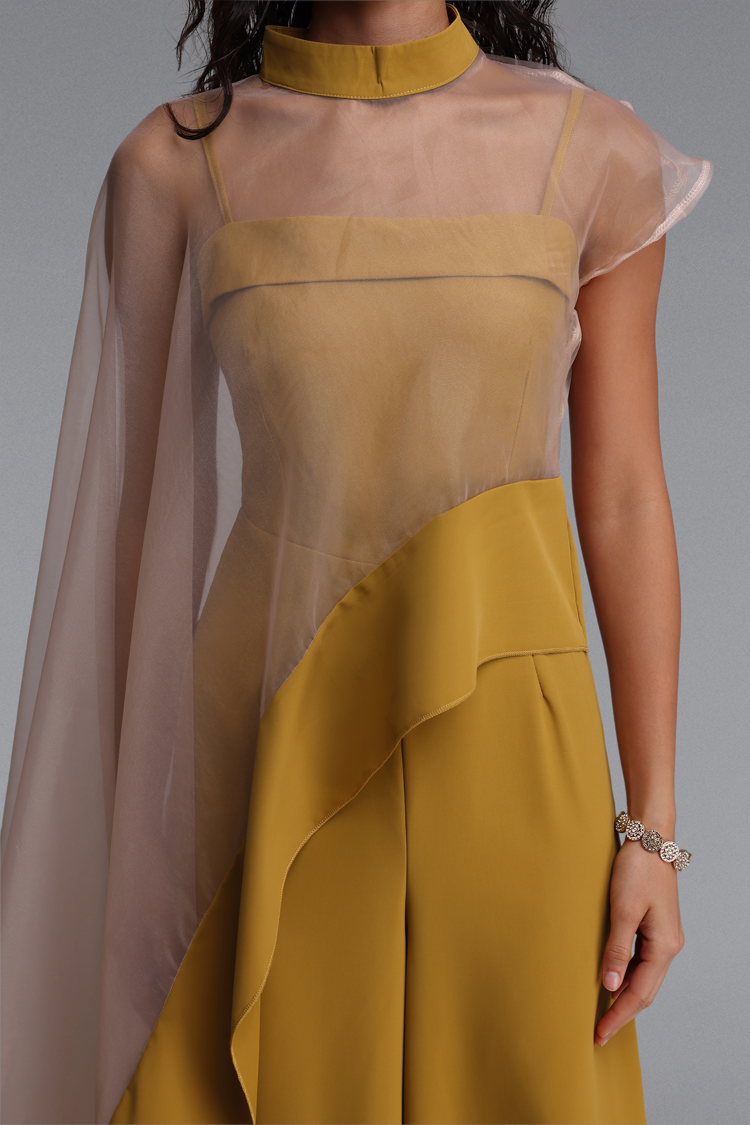 Linda Elegant Cinched-Waist Asymmetric Sheer Organza Wide Leg Jumpsuit