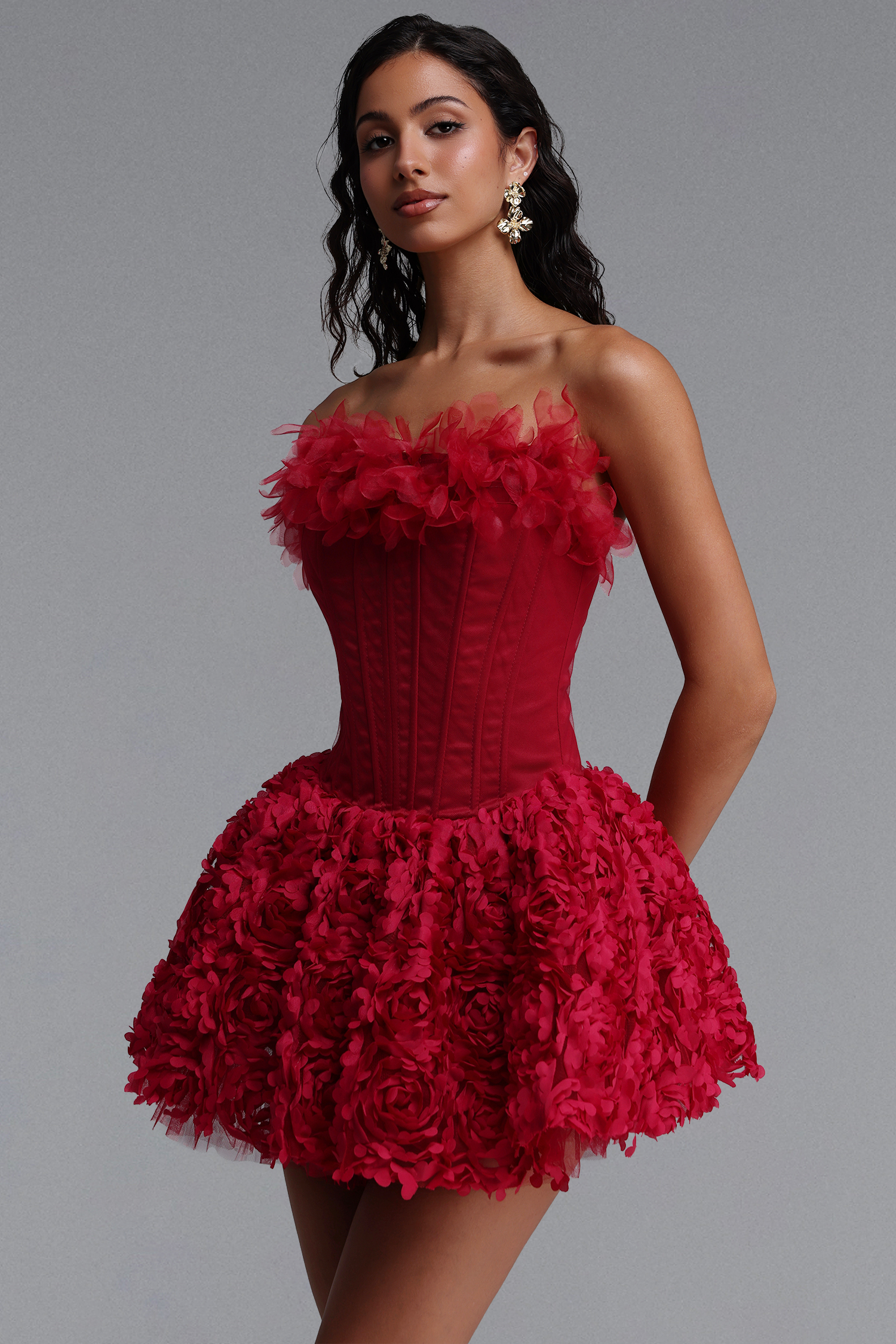Judith Exquisite Cinched-Waist Corset Strapless Floral Mini Dress