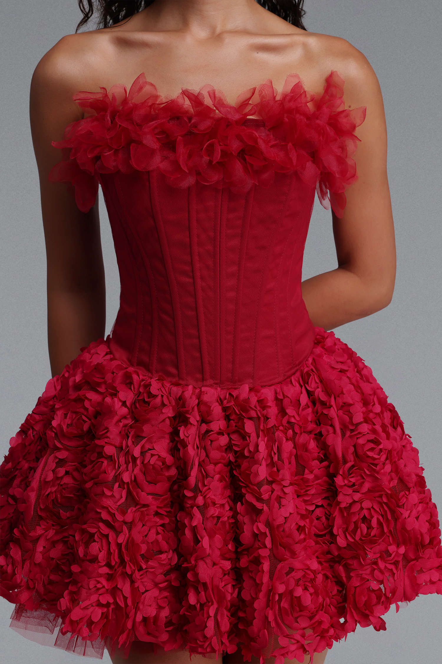 Judith Exquisite Cinched-Waist Corset Strapless Floral Mini Dress