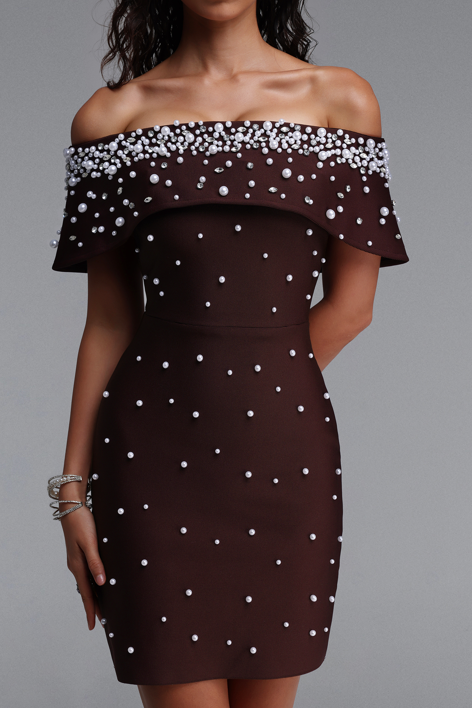 Lucki Elegant Contour Off-Shoulder Pearl Embellished Bodycon Bandage Mini Dress