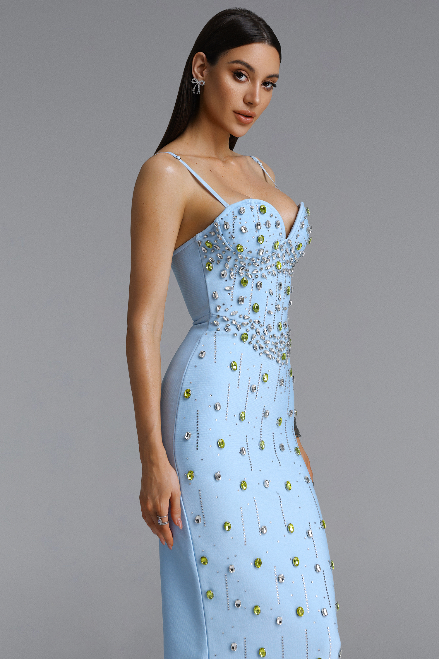 Selien Glamorous Contour Rhinestone Blue Bandage Maxi Dress