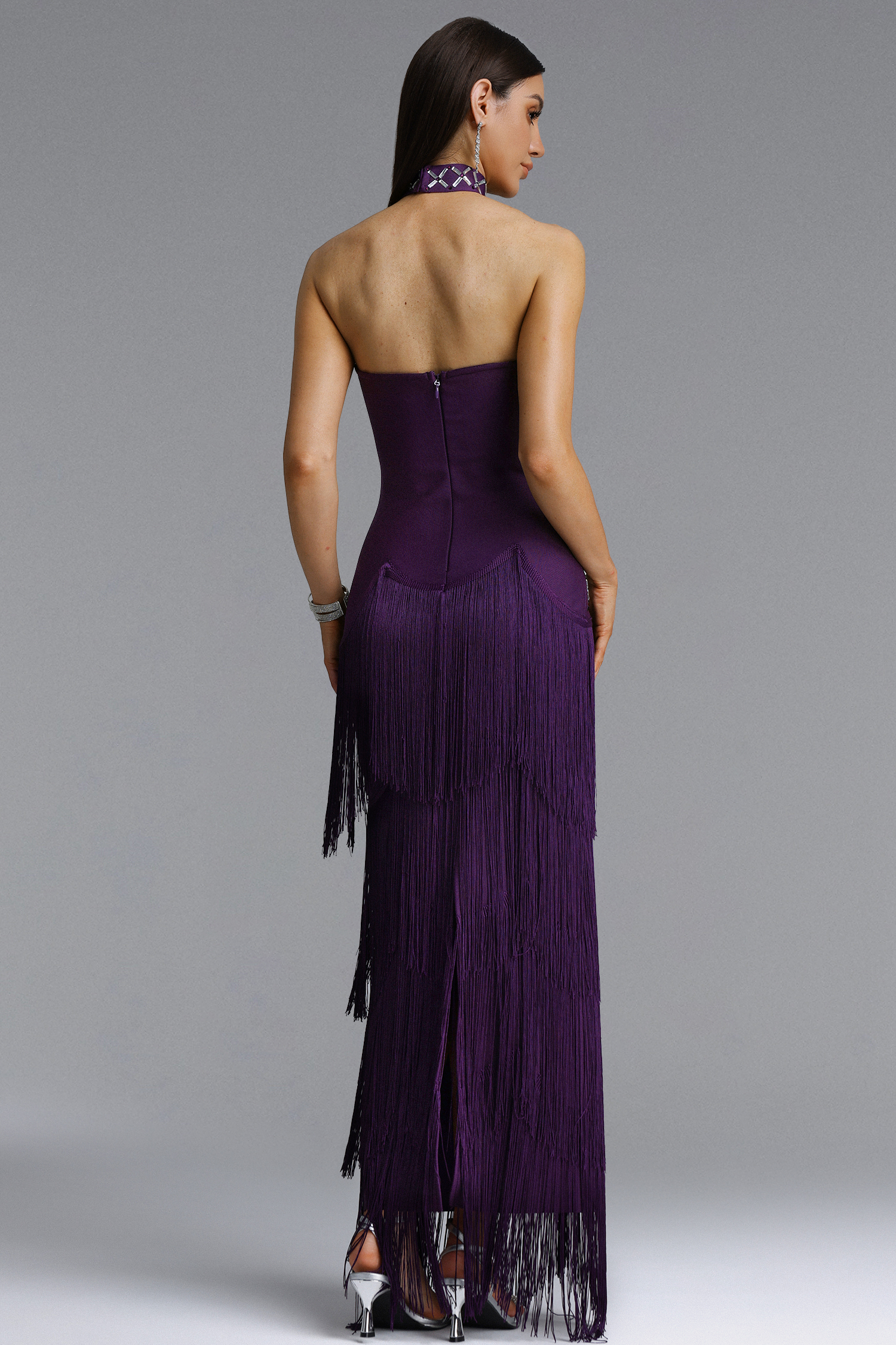 Haliy Glamorous Contour Rhinestone Fringe Bandage Purple Maxi Dress