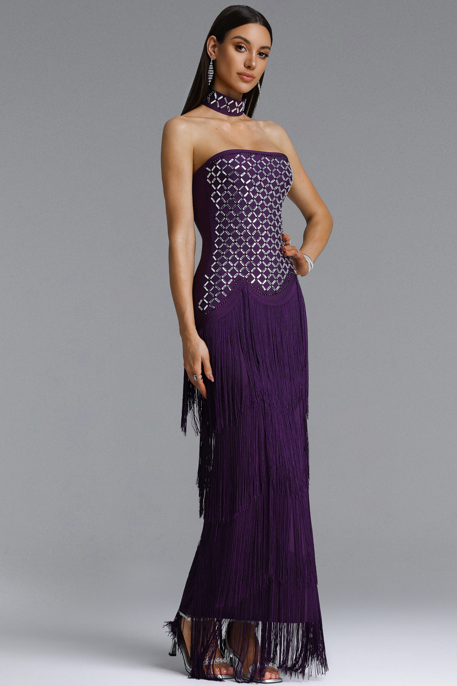 Haliy Glamorous Contour Rhinestone Fringe Bandage Purple Maxi Dress