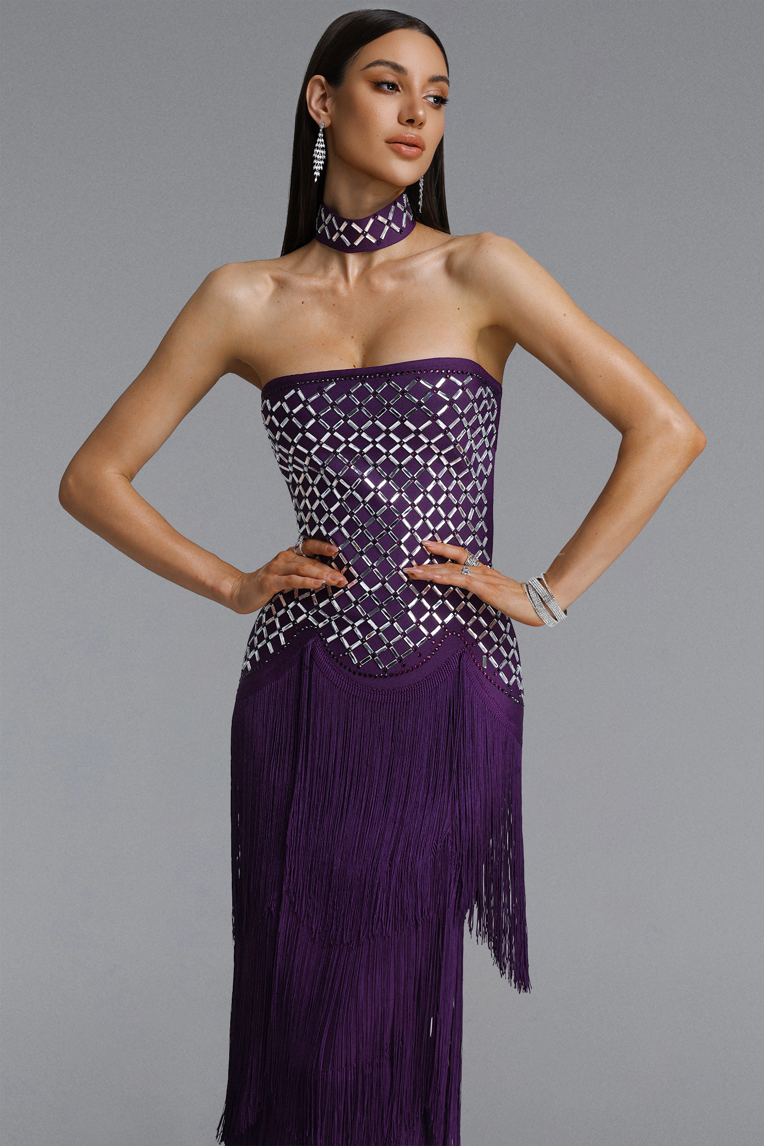 Haliy Glamorous Contour Rhinestone Fringe Bandage Purple Maxi Dress