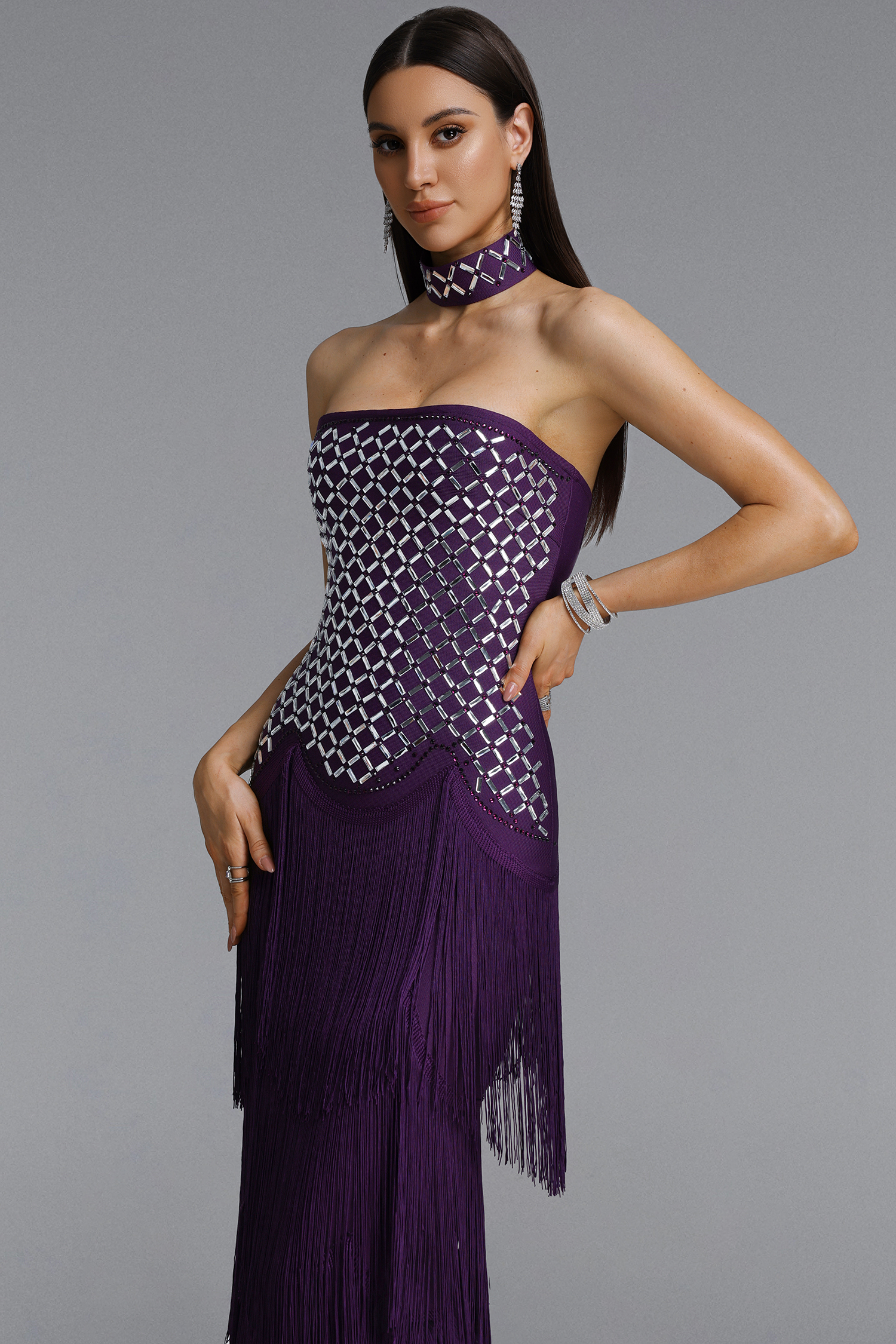 Haliy Glamorous Contour Rhinestone Fringe Bandage Purple Maxi Dress