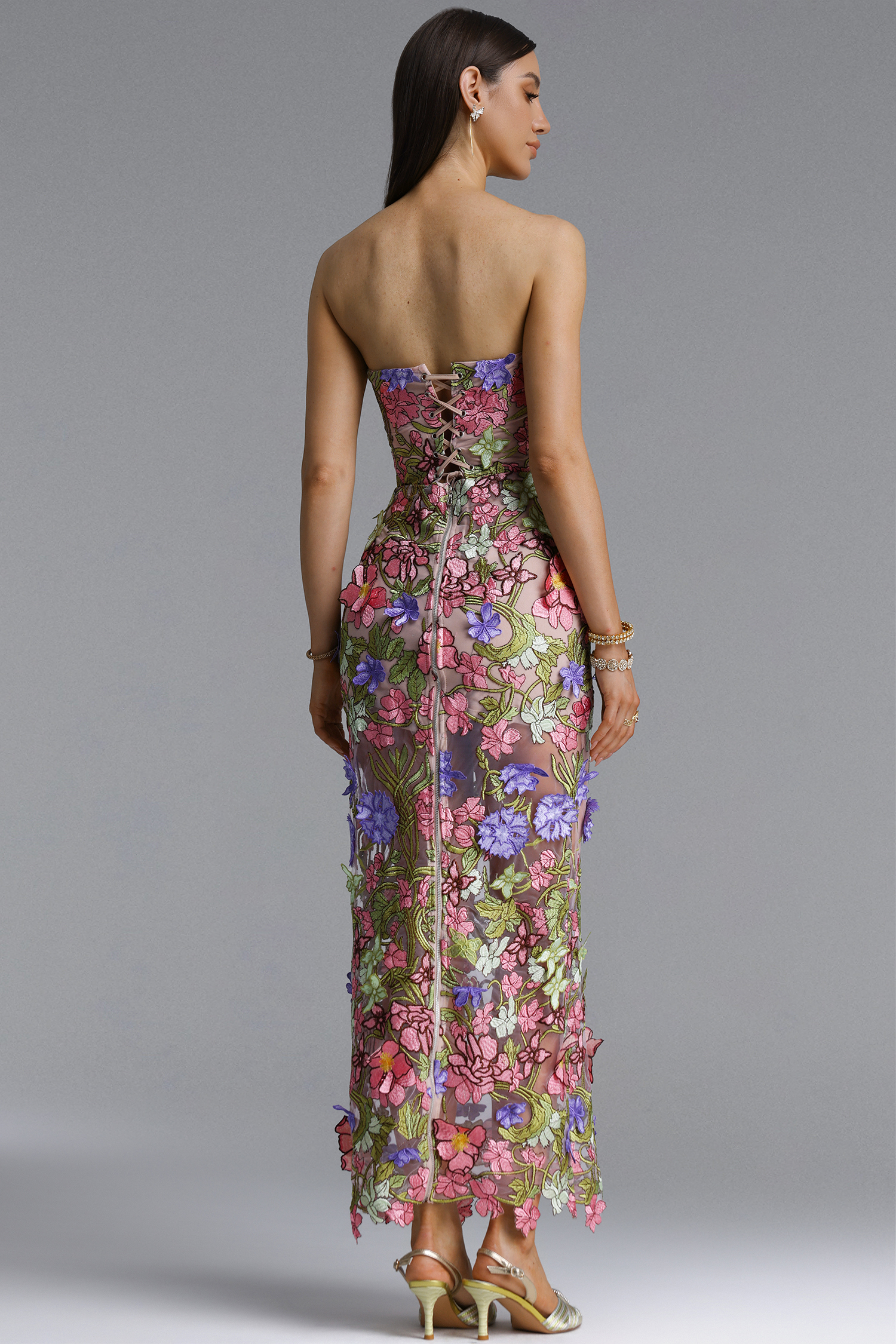 Julissa Elegant Strapless Floral Embroidery Maxi Dress