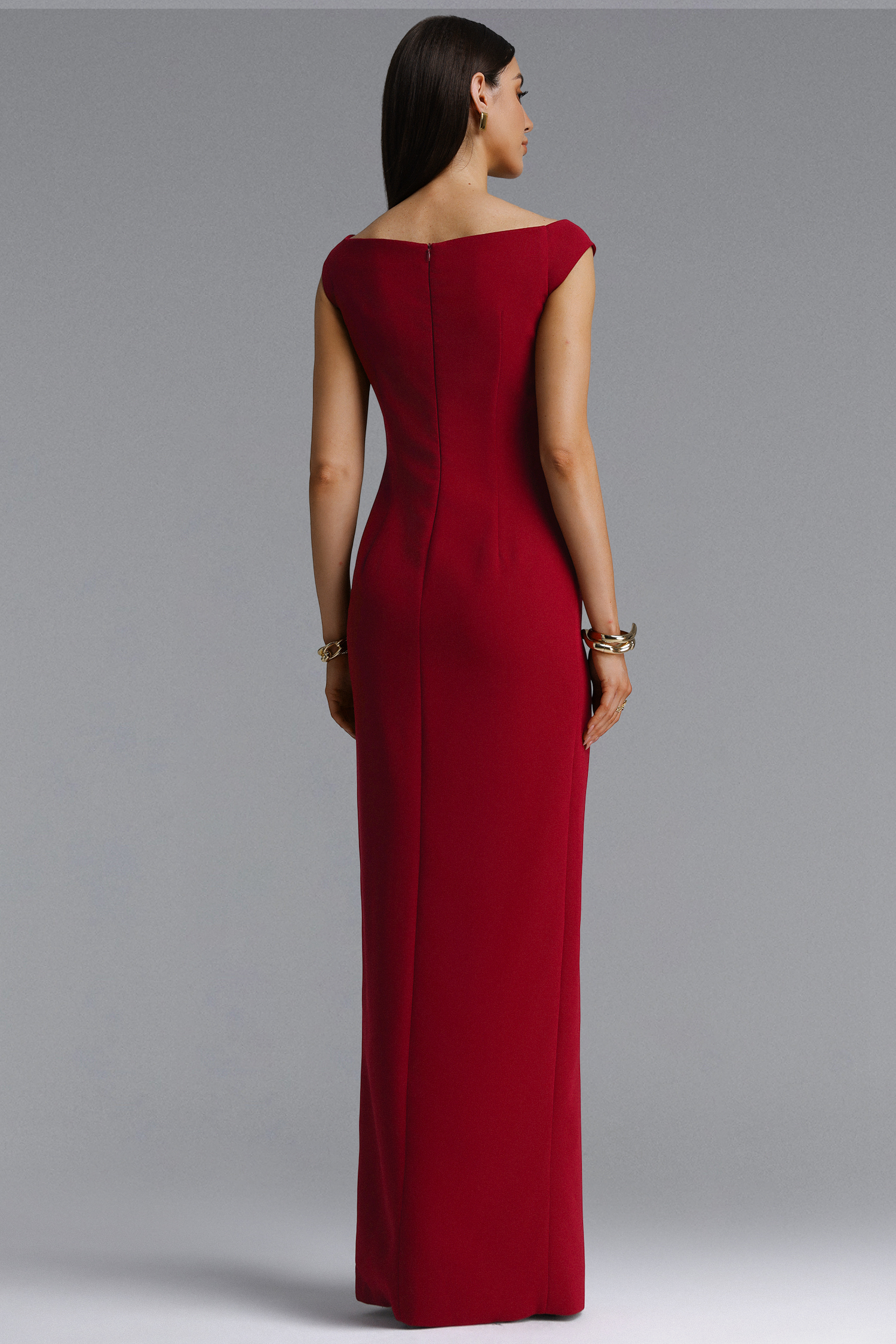 Tess Vintage Off Shoulder V Neck Metal Buckle Slit Maxi Dress