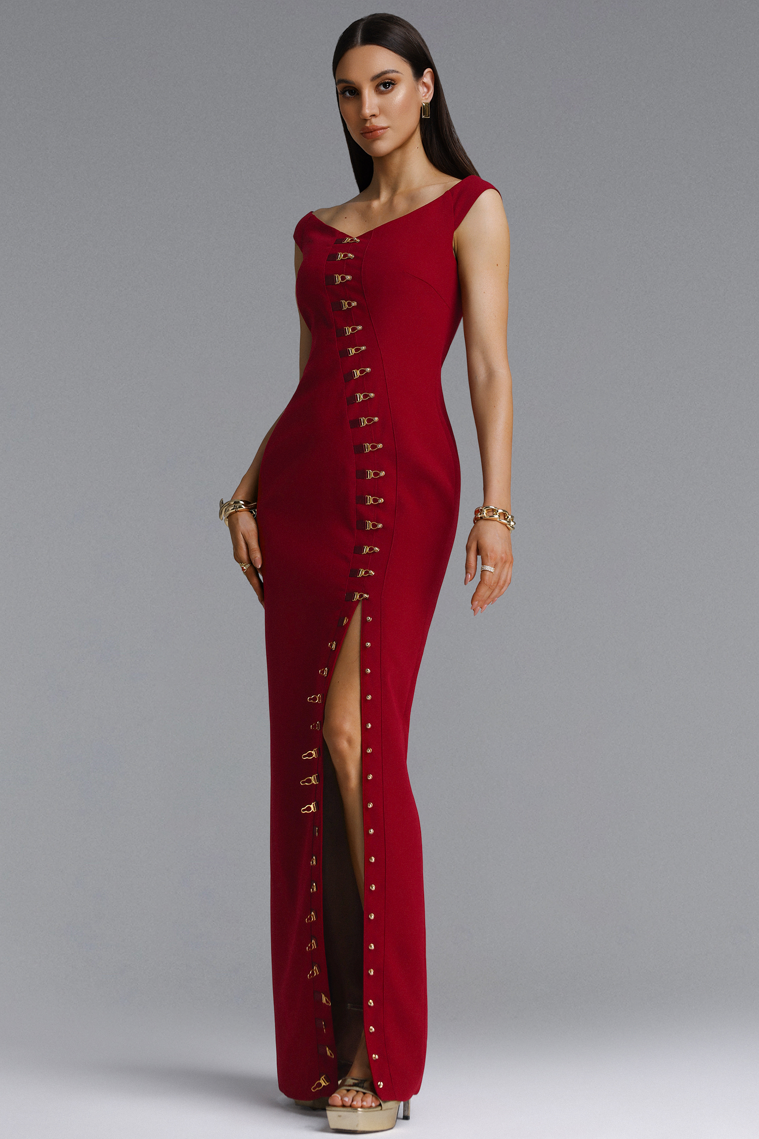 Tess Vintage Off Shoulder V Neck Metal Buckle Slit Maxi Dress