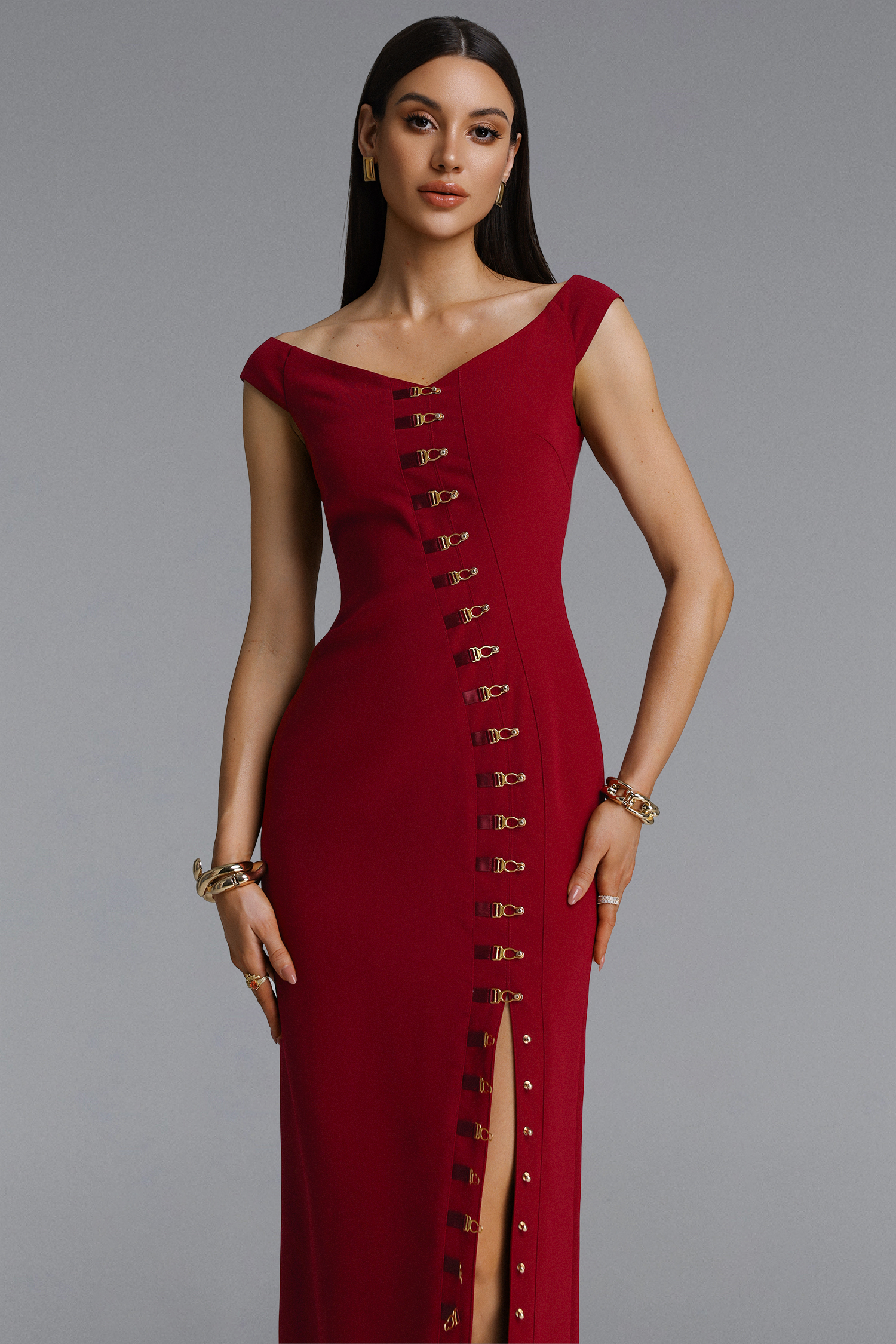 Tess Vintage Off Shoulder V Neck Metal Buckle Slit Maxi Dress