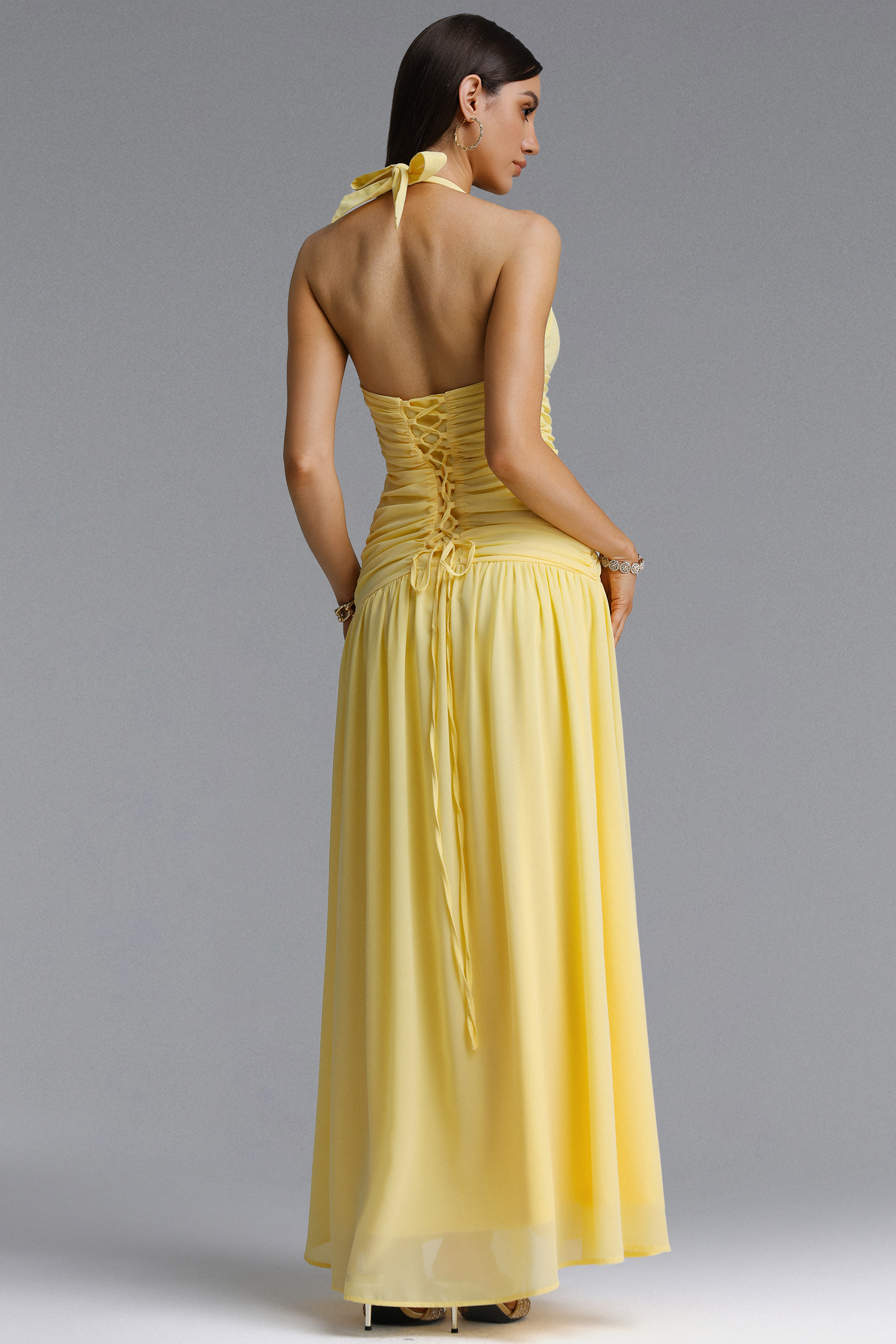 Rode Elegant Halter Deep V Ruched Maxi Dress