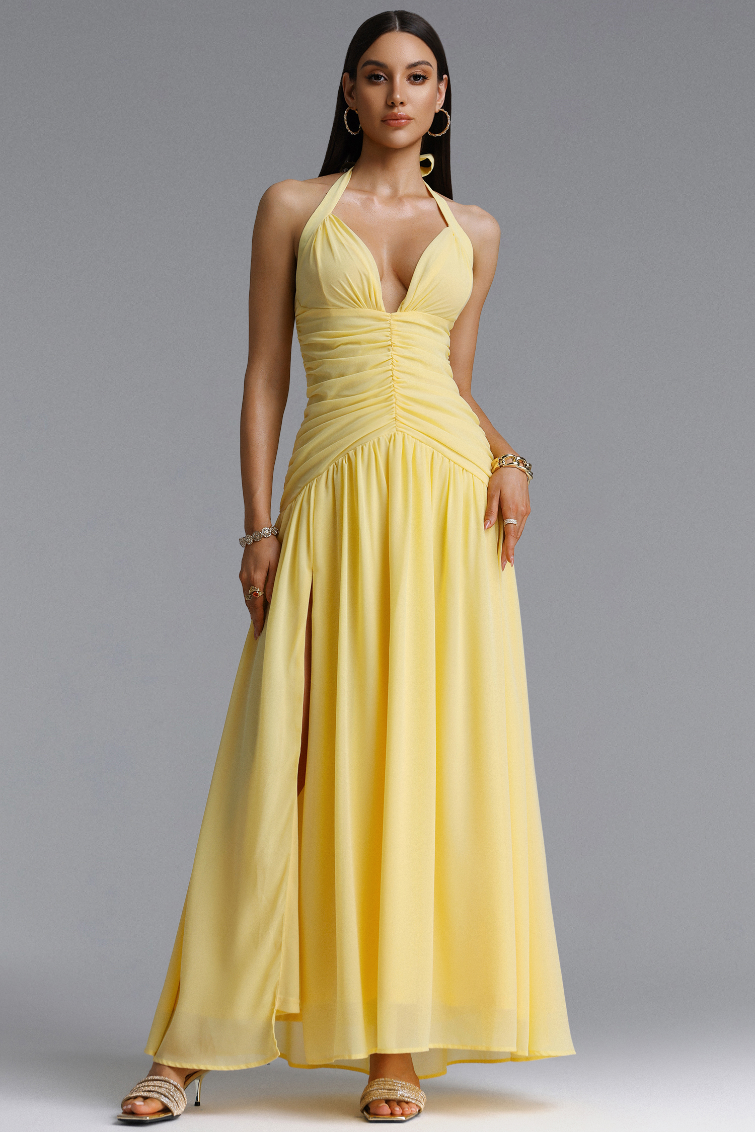 Rode Elegant Halter Deep V Ruched Maxi Dress