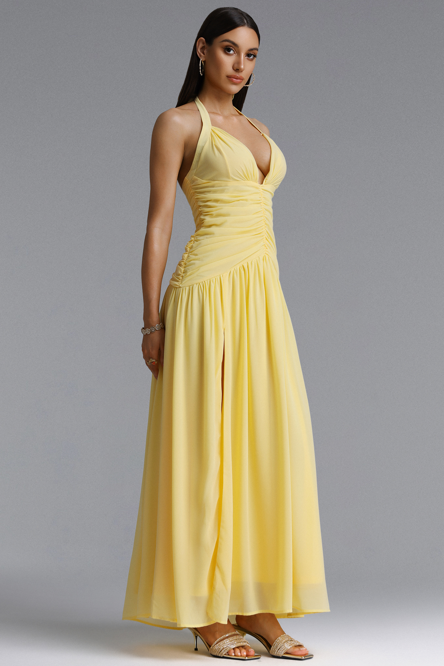 Rode Elegant Halter Deep V Ruched Maxi Dress