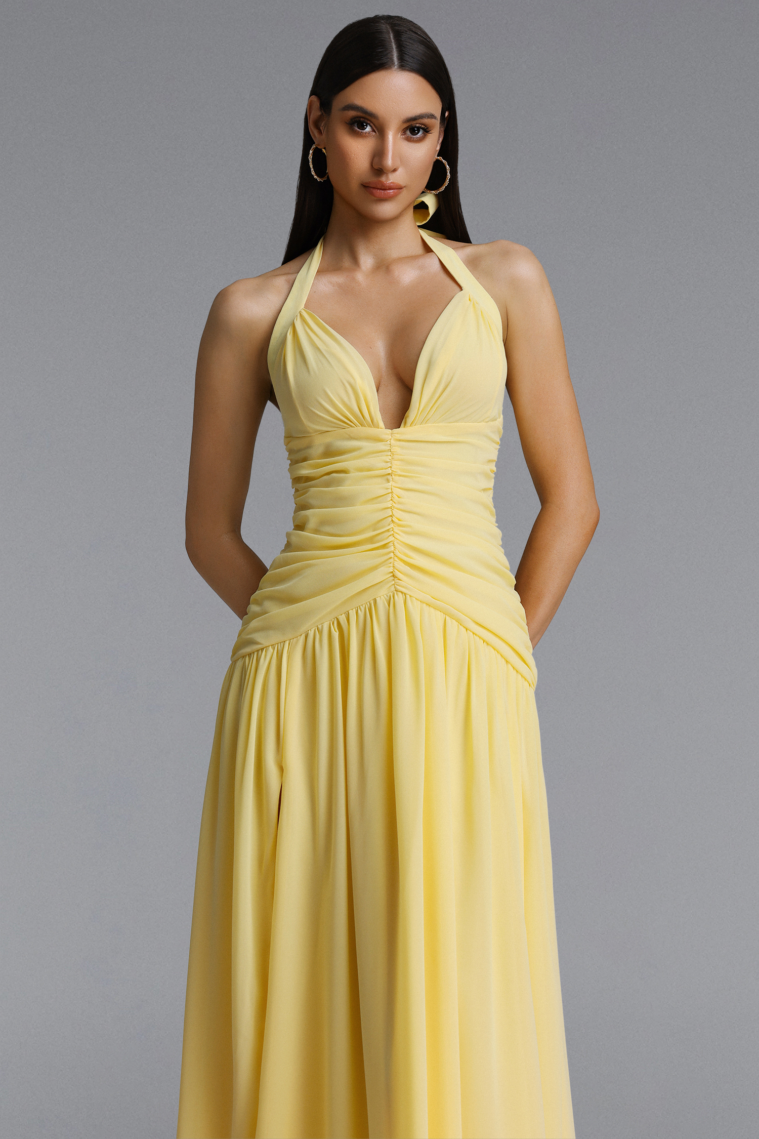 Rode Elegant Halter Deep V Ruched Maxi Dress