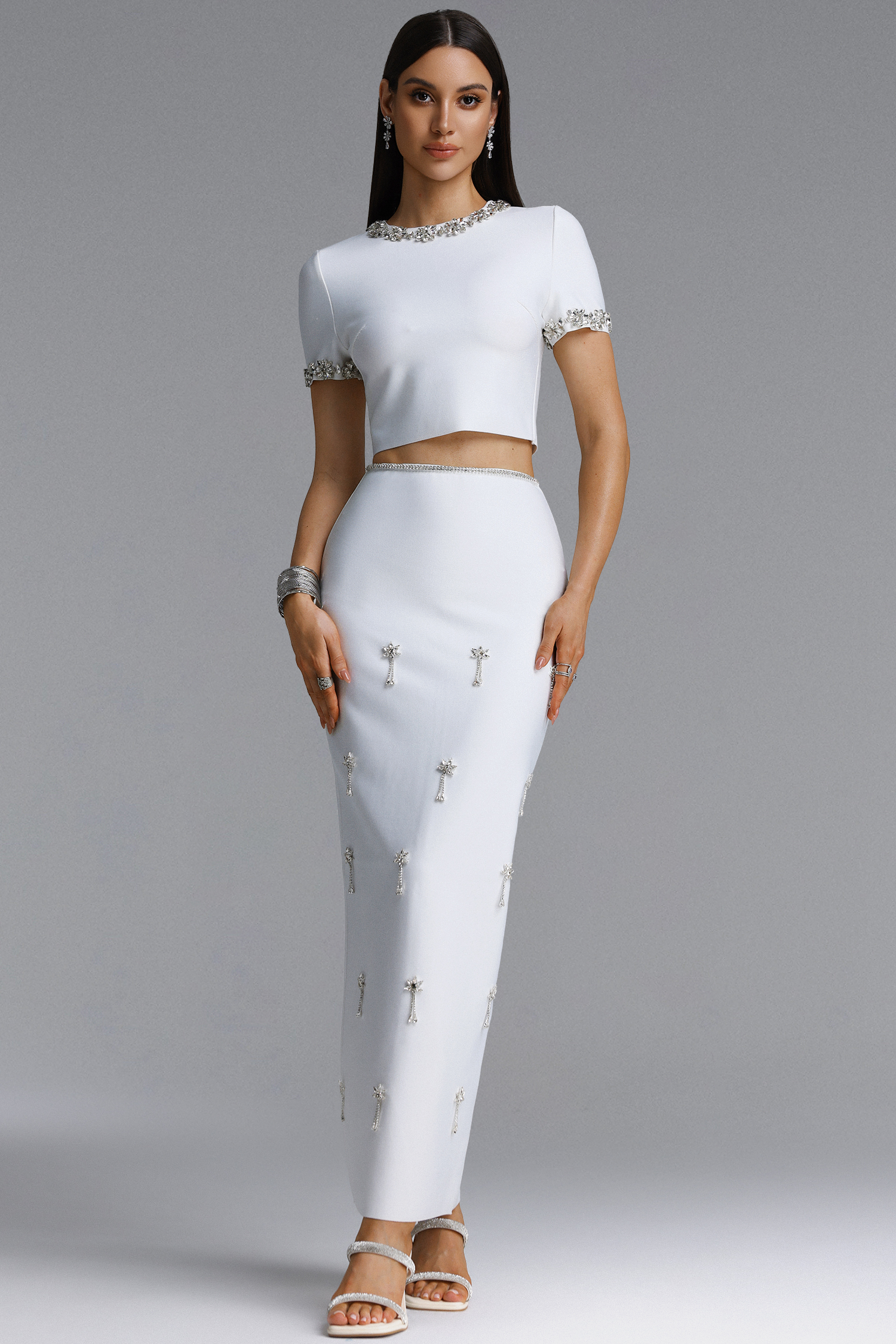 Lennon Elegant Short Sleeve Round Neck Rhinestone Top And Skirt Set
