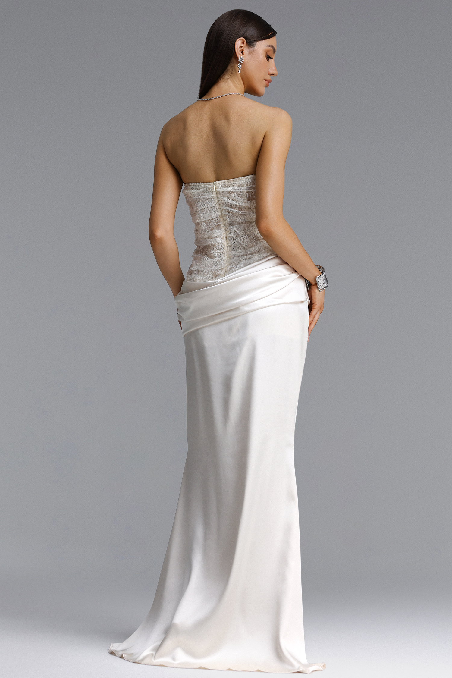 Maisie Elegant Tailored Strapless Pleated Lace Satin Maxi Dress