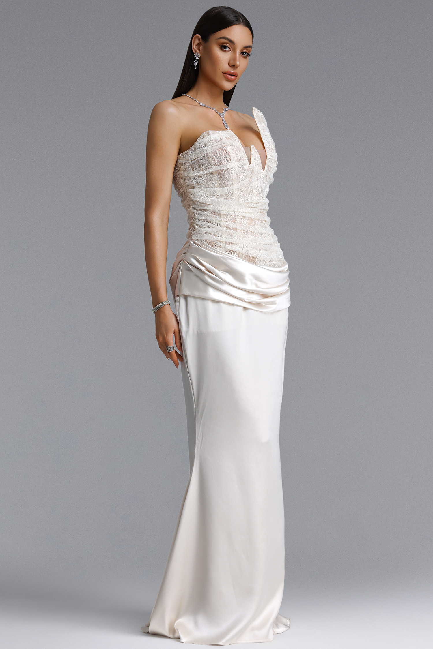 Maisie Elegant Tailored Strapless Pleated Lace Satin Maxi Dress