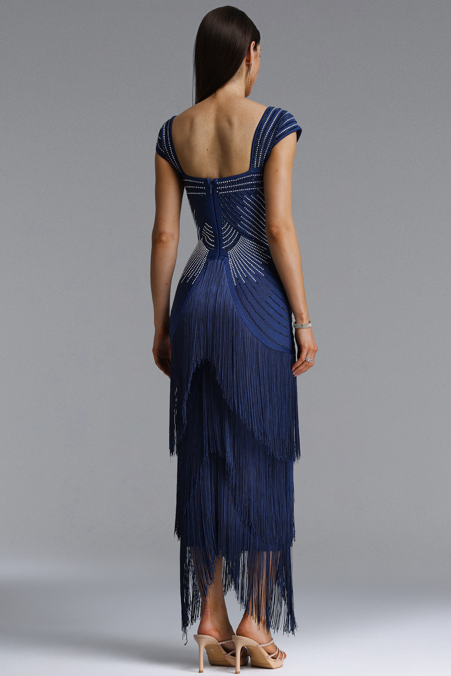 Hatice Square Neck Rhinestone Fringe Bandage Maxi Dress