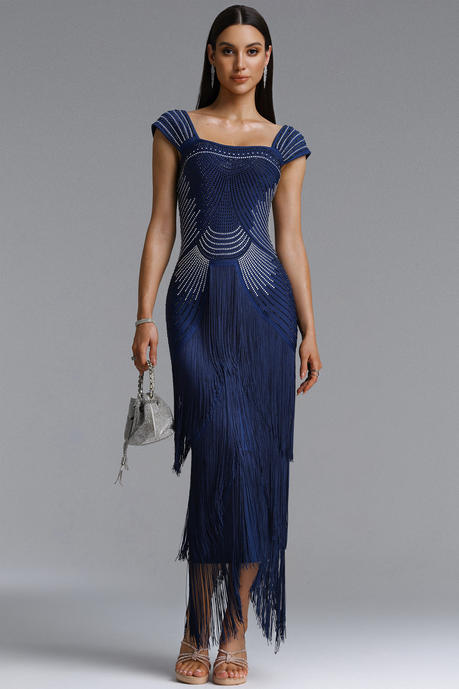 Hatice Square Neck Rhinestone Fringe Bandage Maxi Dress