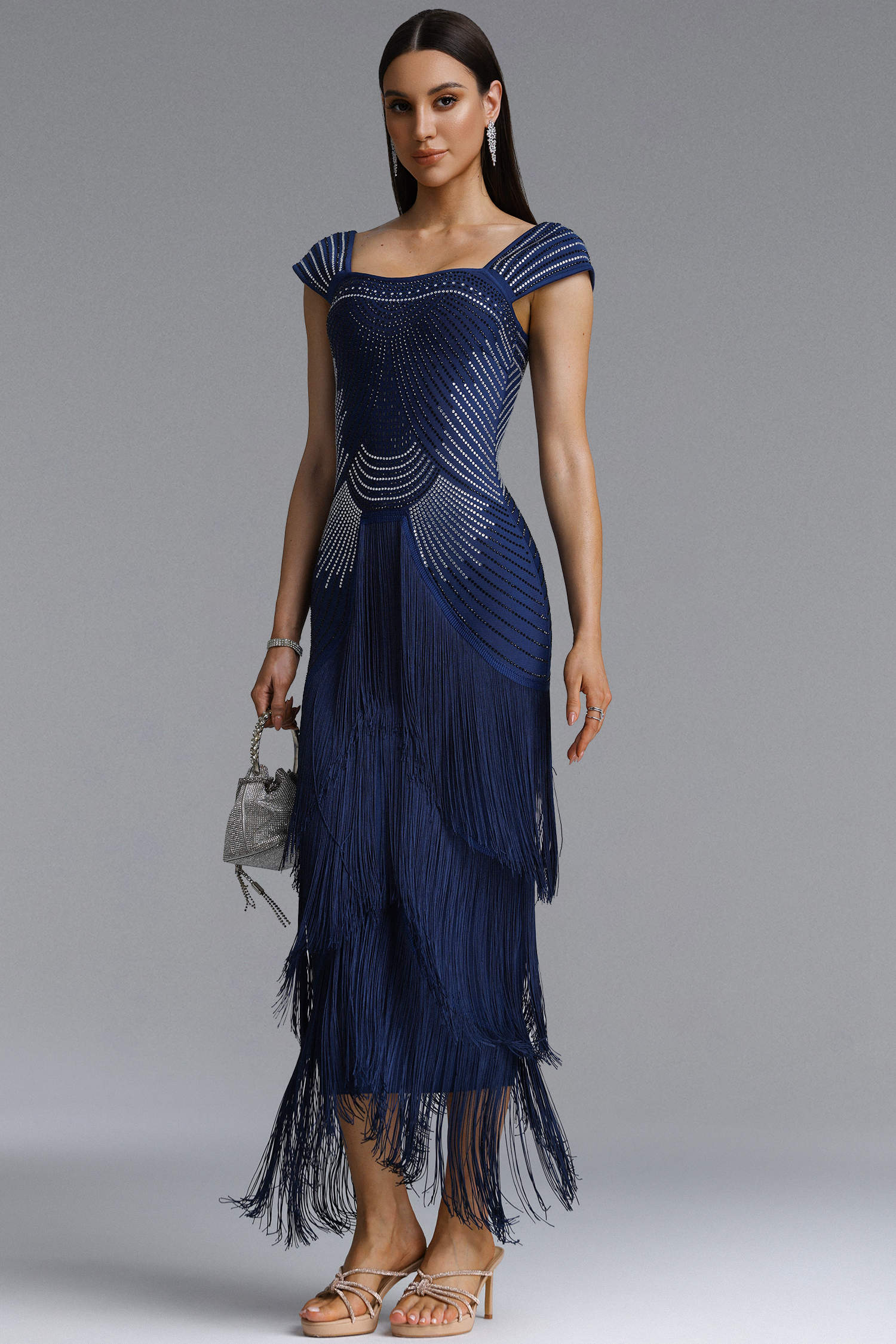 Hatice Square Neck Rhinestone Fringe Bandage Maxi Dress