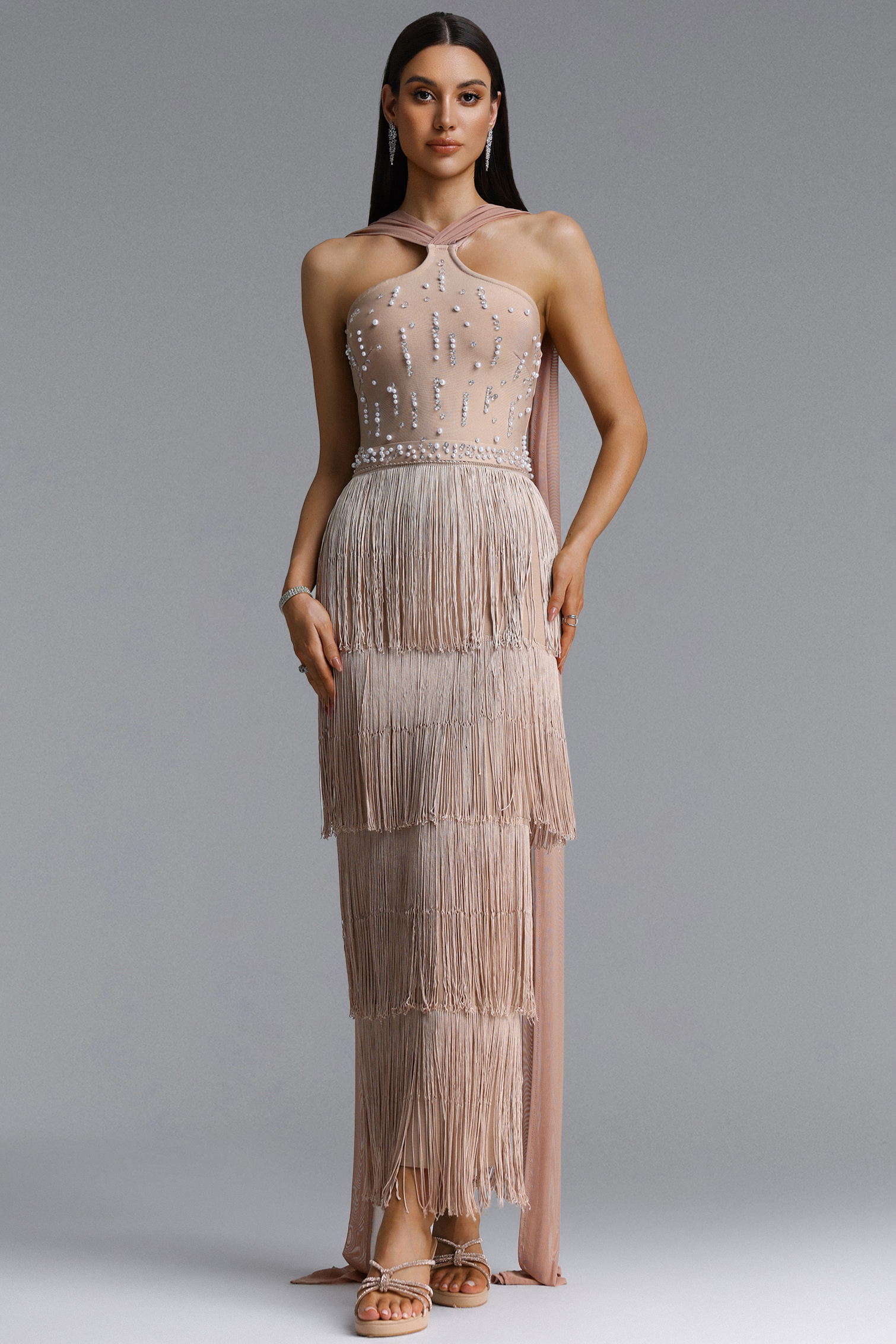 Wanie Luxury Halter Twist Pearl Tassel Bandage Maxi Dress