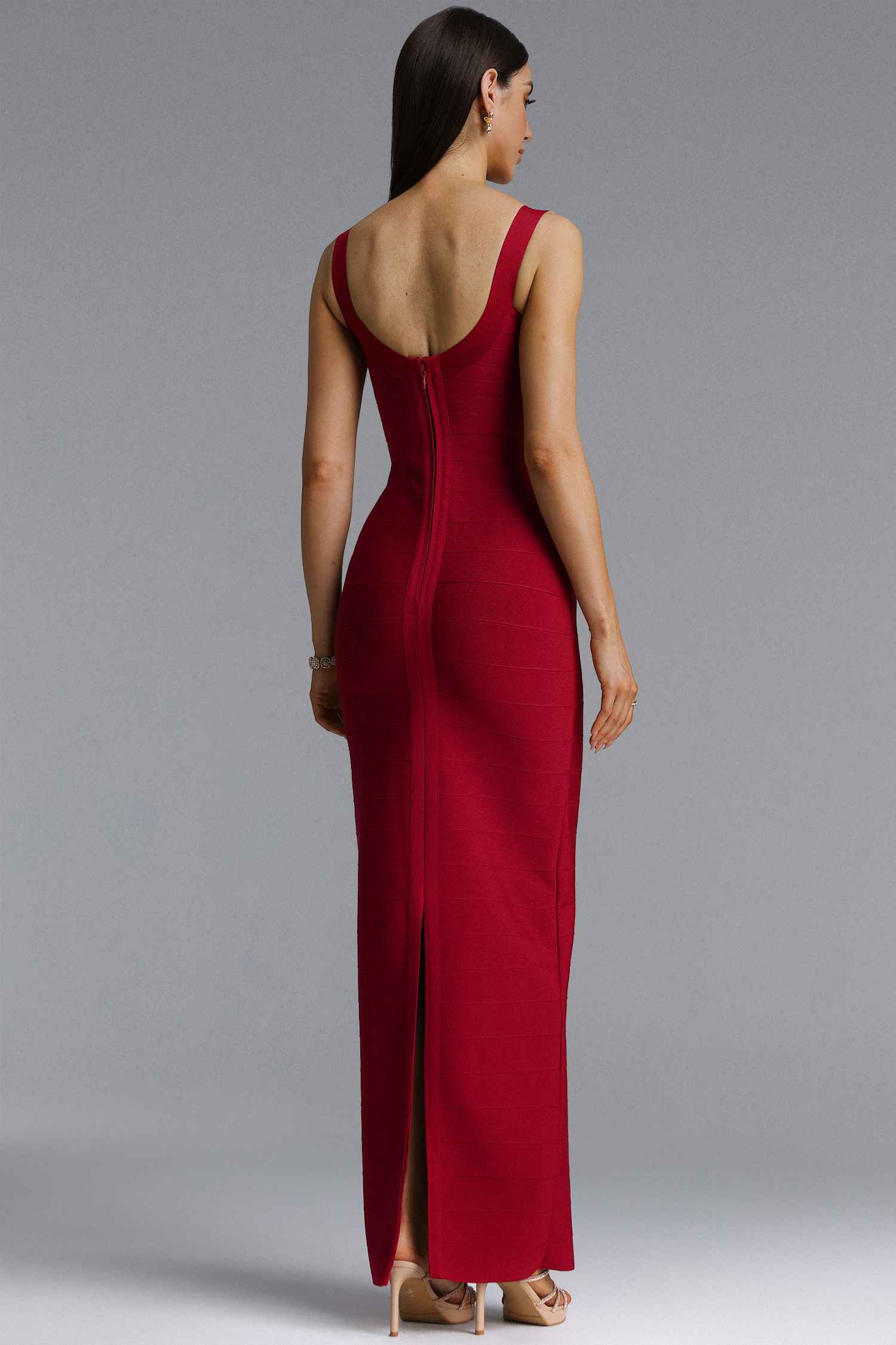 Jesse Minimalist Contour Wide Strap Round Neck Metallic Stripe Red Bandage Midi Dress