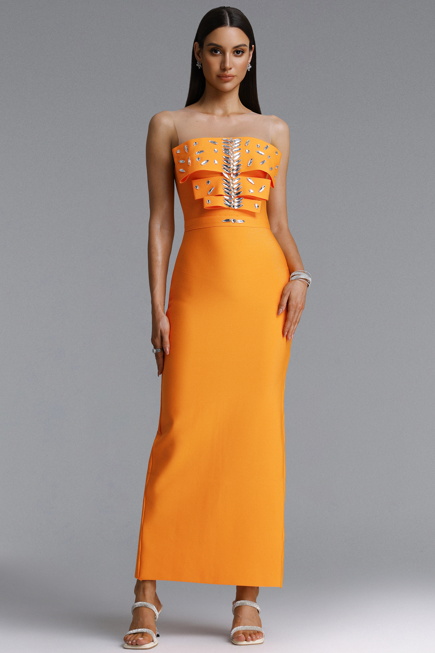 Daphne Sexy Strapless Double Layer Rhinestone Bandage Maxi Dress