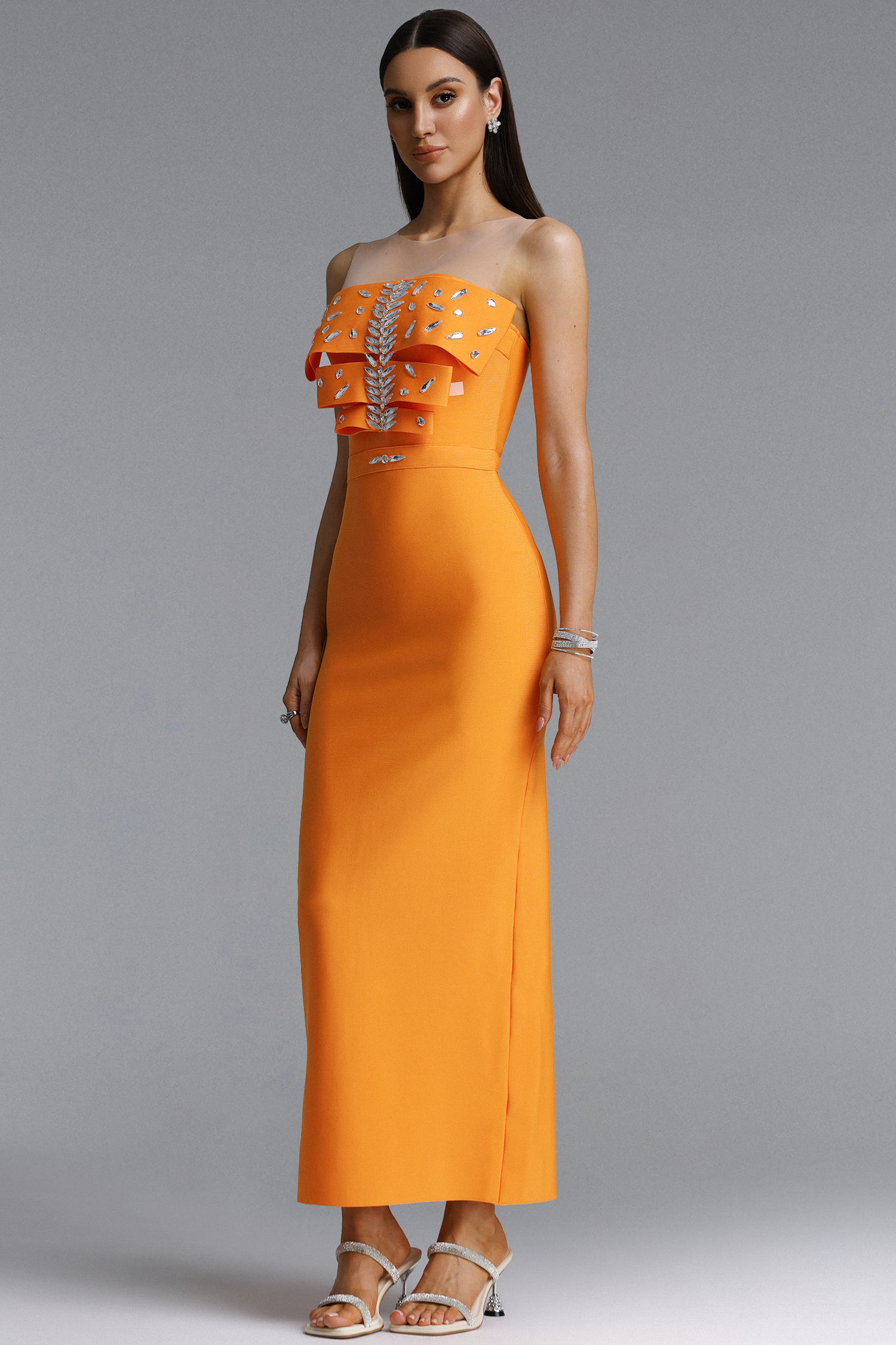 Daphne Sexy Strapless Double Layer Rhinestone Bandage Maxi Dress
