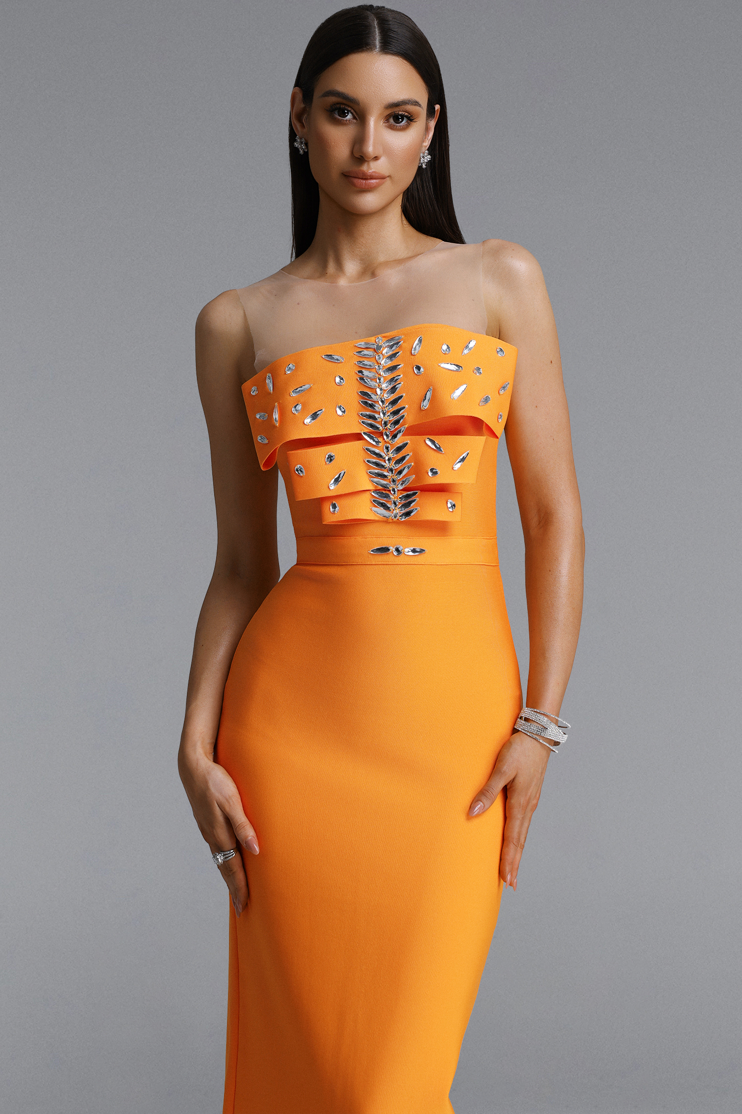 Daphne Sexy Strapless Double Layer Rhinestone Bandage Maxi Dress