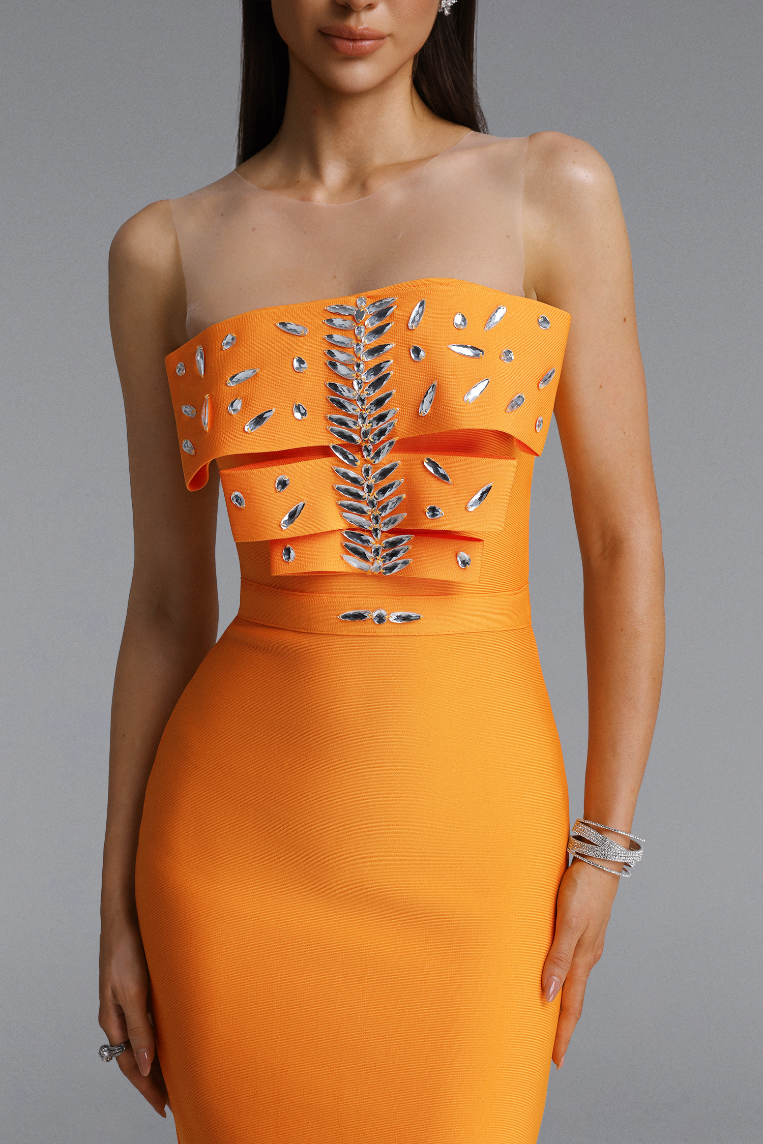 Daphne Sexy Strapless Double Layer Rhinestone Bandage Maxi Dress