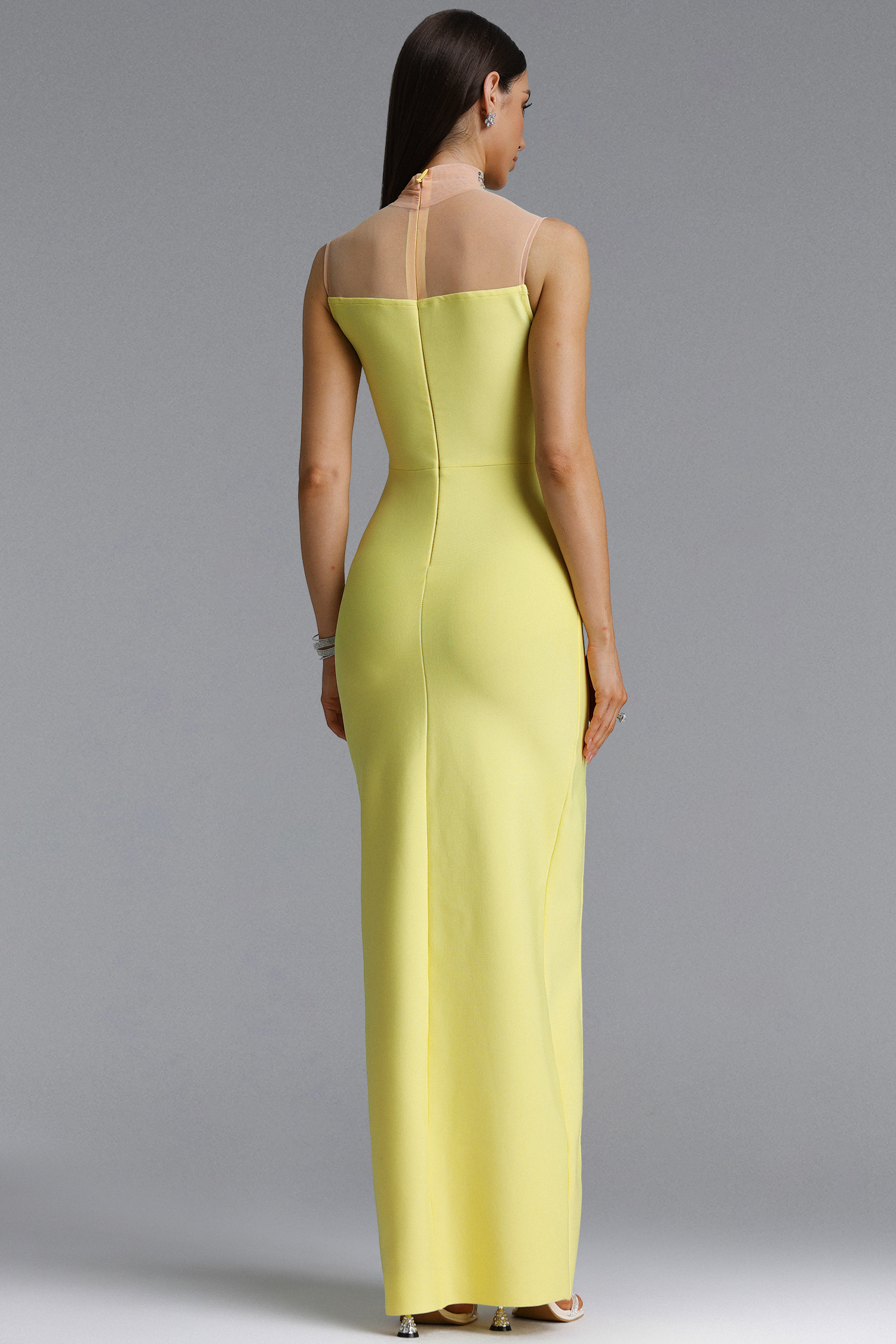 Siola Luxury High Neck Rhinestone Slit Bandage Maxi Dress