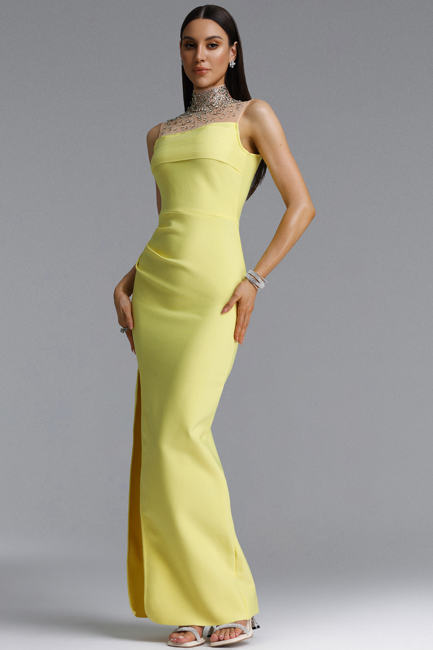 Siola Luxury High Neck Rhinestone Slit Bandage Maxi Dress