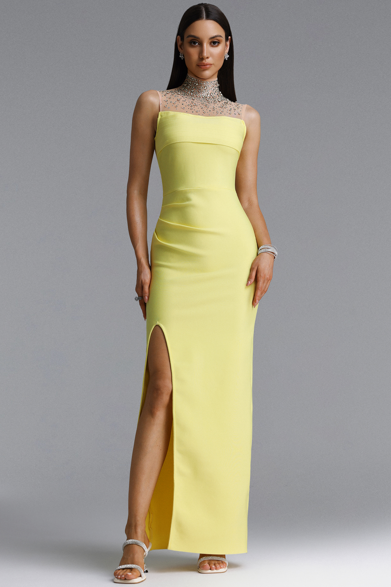 Siola Luxury High Neck Rhinestone Slit Bandage Maxi Dress