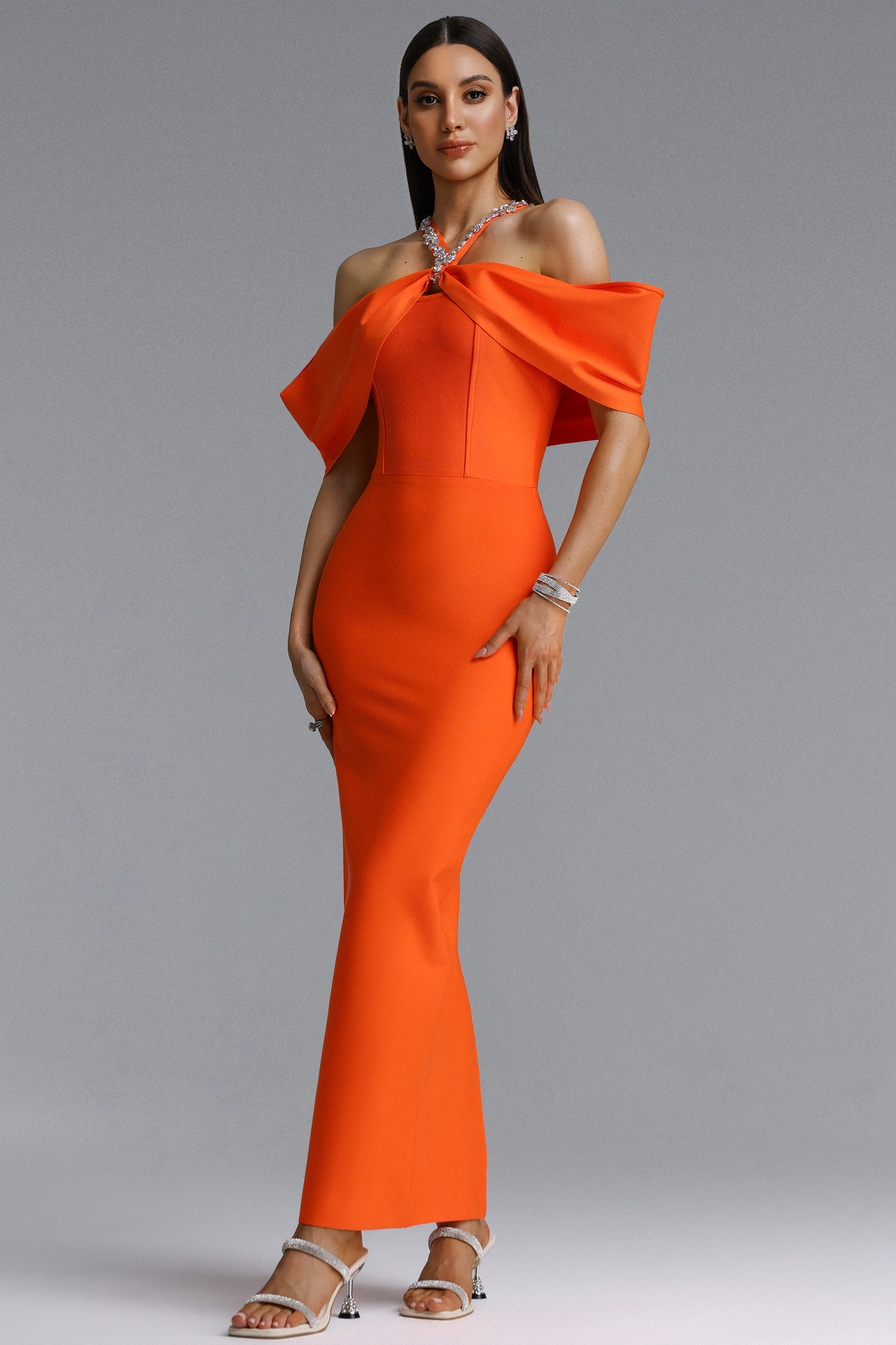 Sloan Halter Diamond Off Shoulder Orange Bandage Maxi Dress