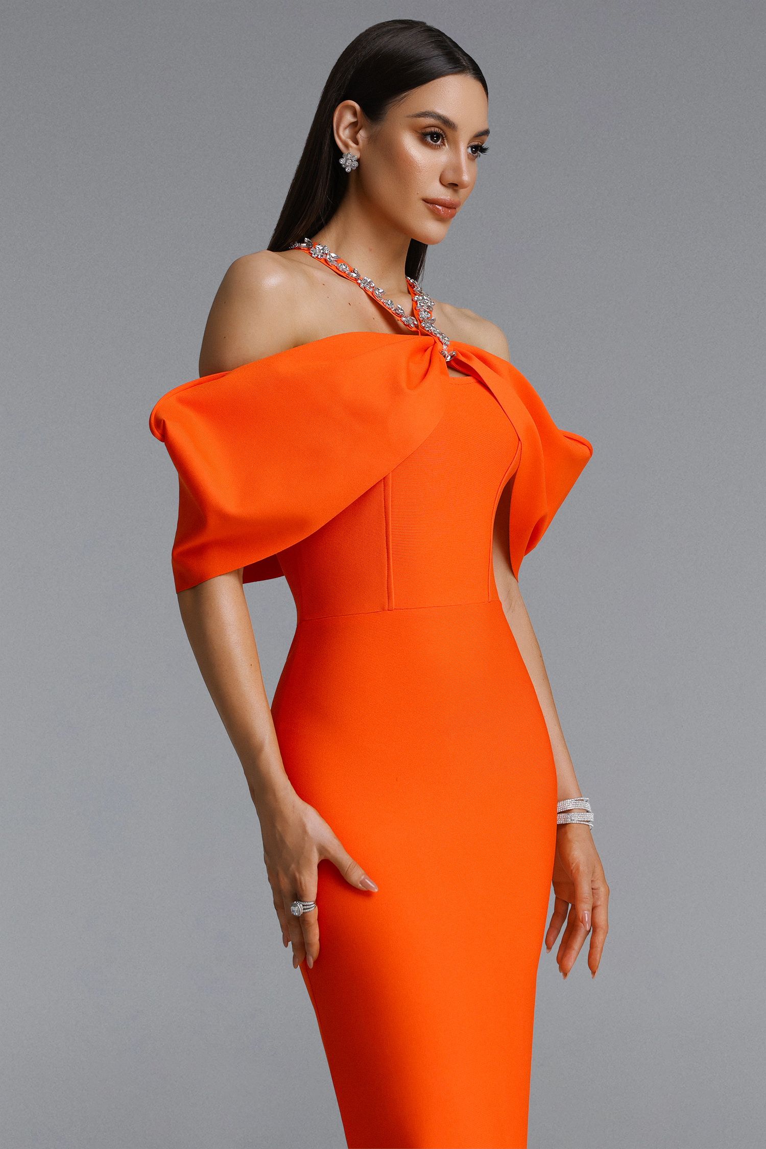 Sloan Halter Diamond Off Shoulder Orange Bandage Maxi Dress