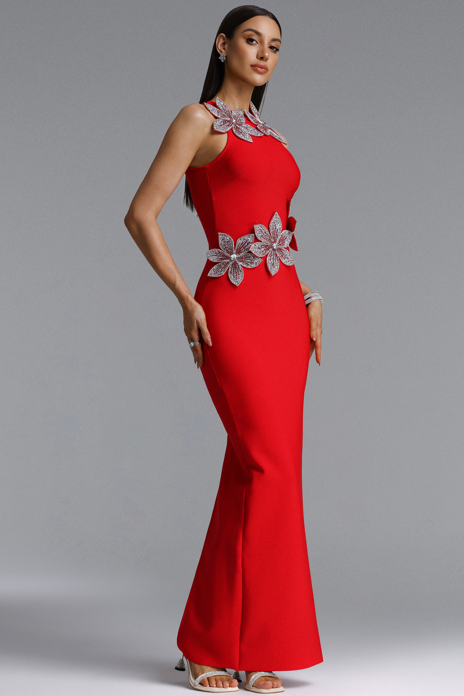 Whetu Elegant Contour Floral Red Bandage Maxi Dress