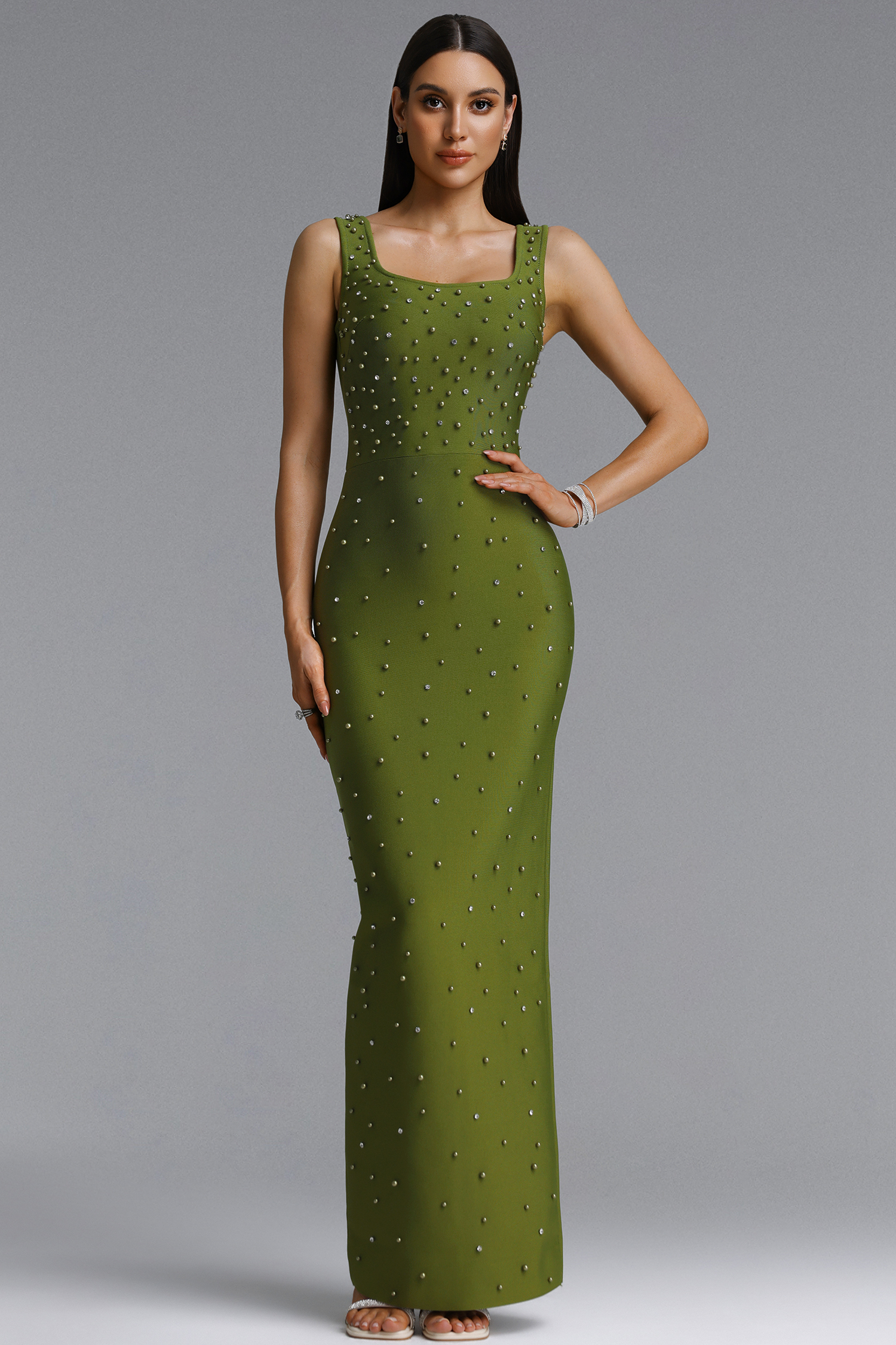 Stormie Minimalist Sleeveless Square Neck Pearl Beaded Bandage Maxi Dress