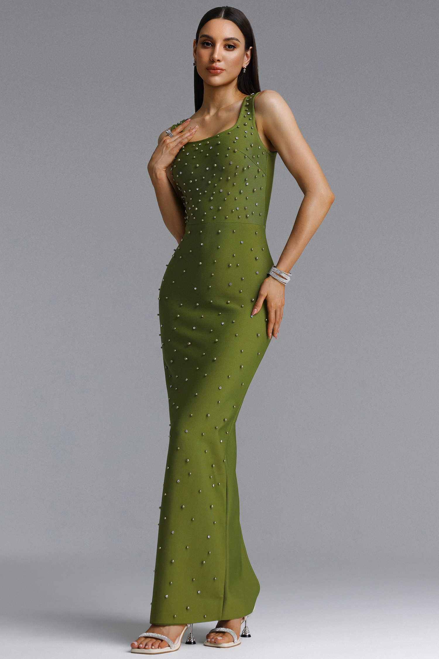 Stormie Minimalist Sleeveless Square Neck Pearl Beaded Bandage Maxi Dress