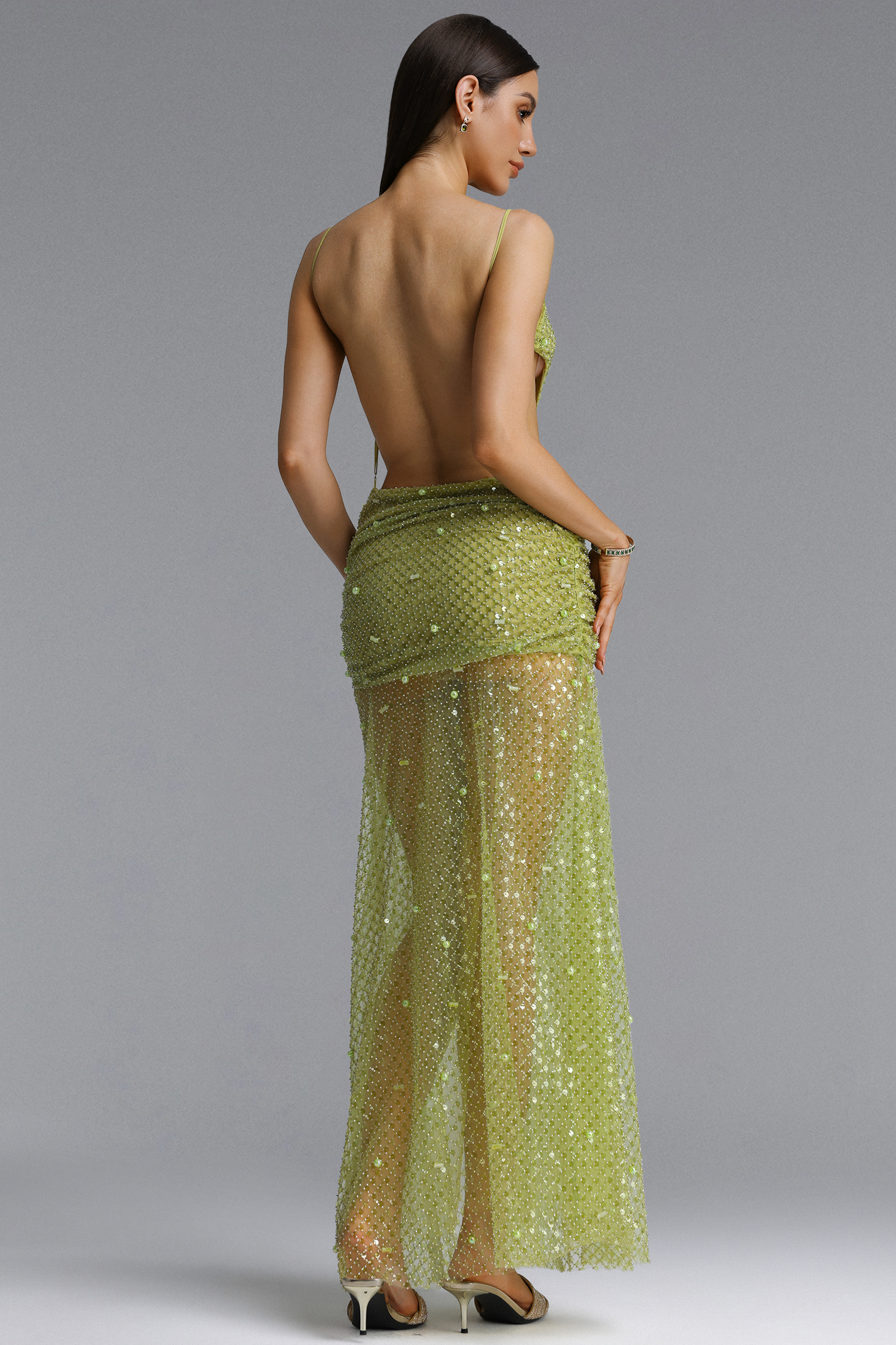 Vara Sexy Strap Cut Out Sequin High Slit Maxi Dress