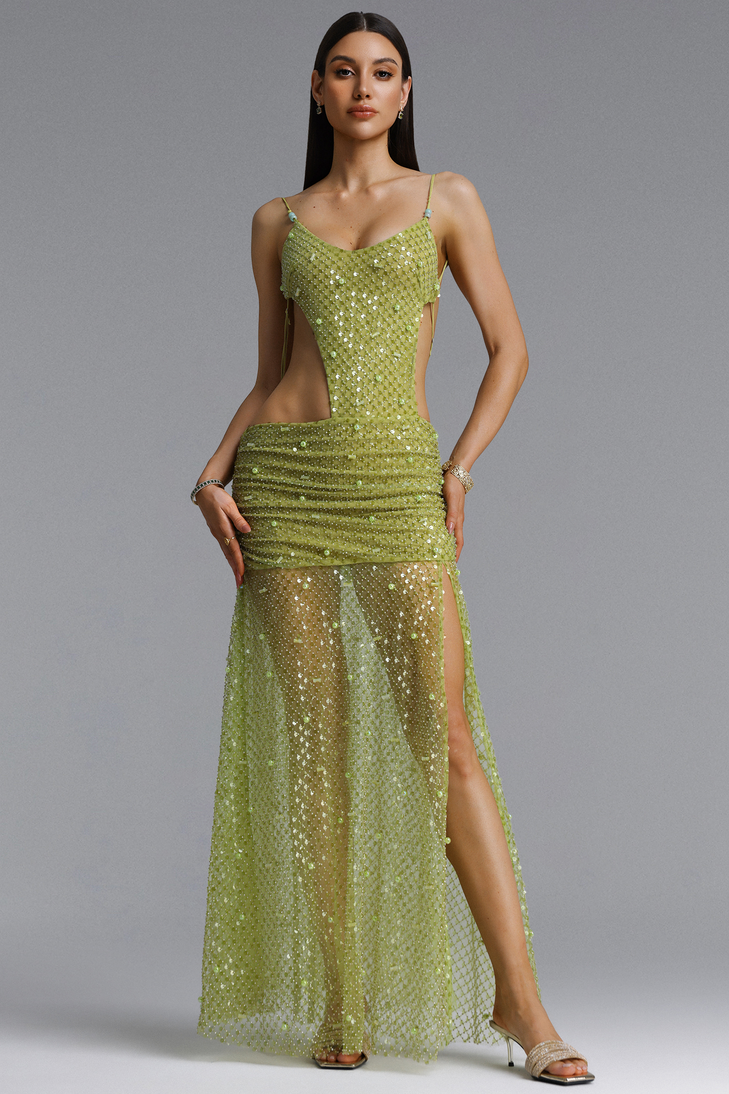 Vara Sexy Strap Cut Out Sequin High Slit Maxi Dress – Bellabarnett