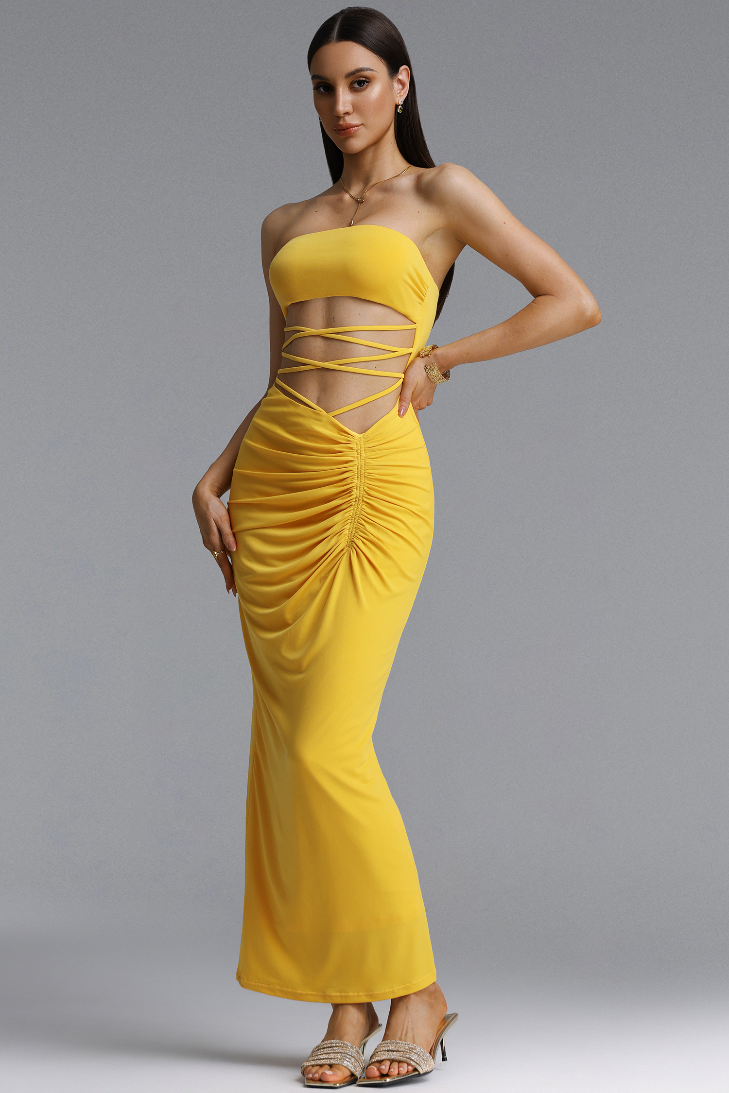 Linka Sexy Strapless Crisscross Tie Cut Out Ruched Maxi Dress
