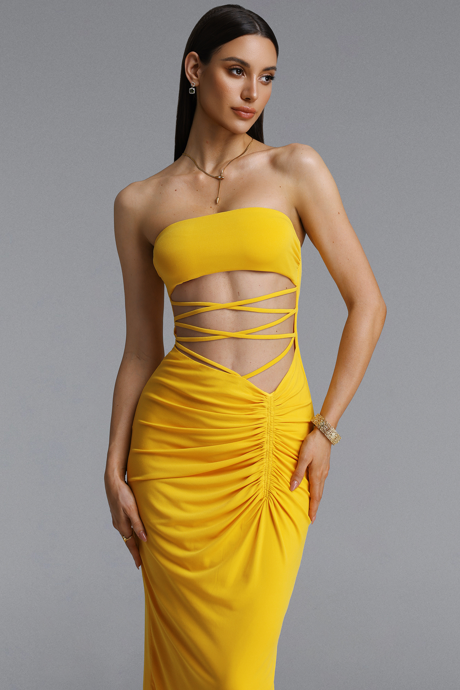 Linka Sexy Strapless Crisscross Tie Cut Out Ruched Maxi Dress