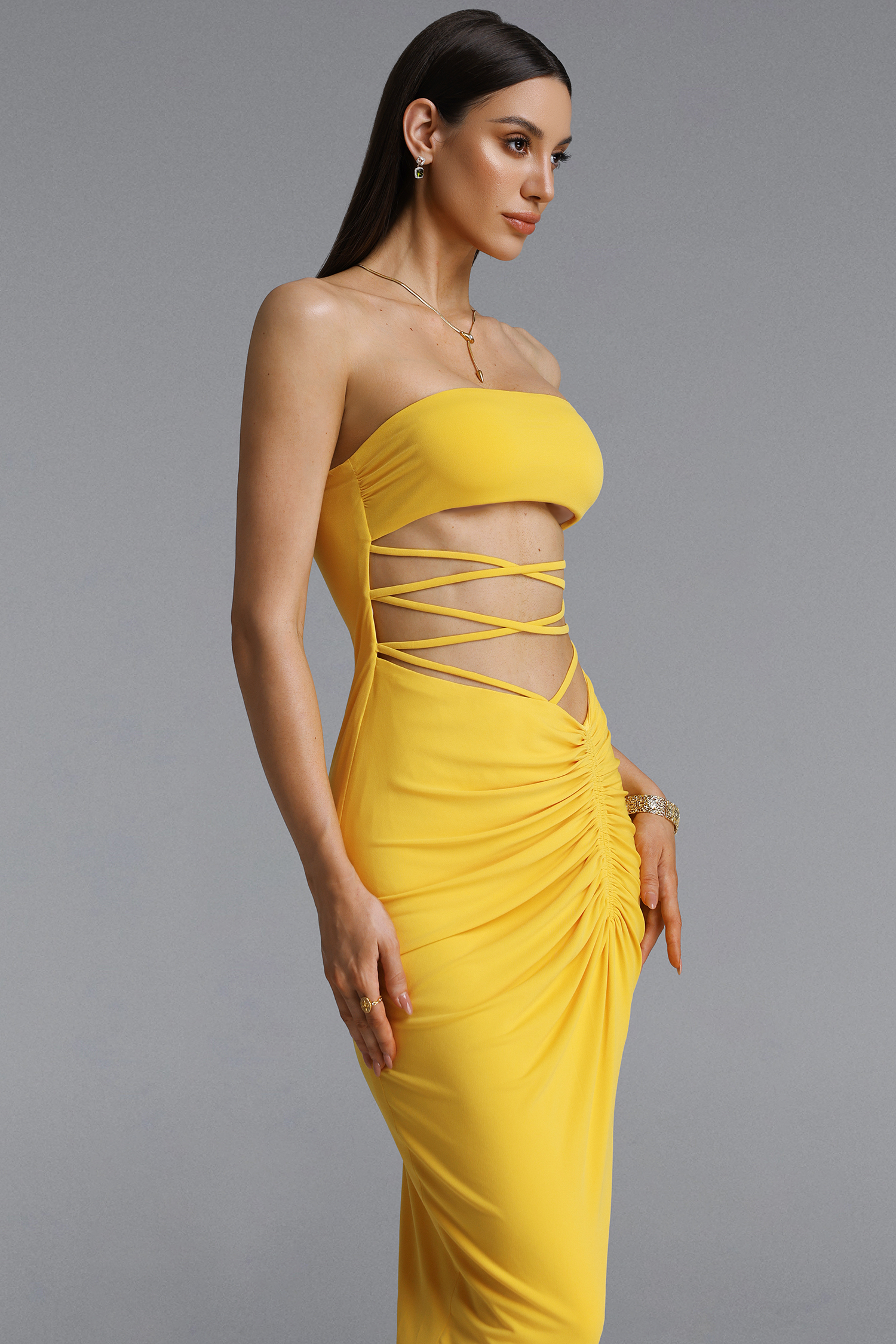Linka Sexy Strapless Crisscross Tie Cut Out Ruched Maxi Dress