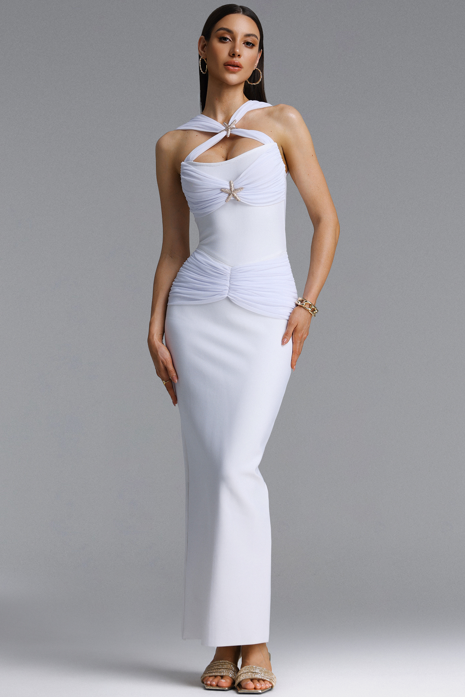 Egbert Chic Contour Halter Star Ruched Mesh Bandage White Maxi Dress