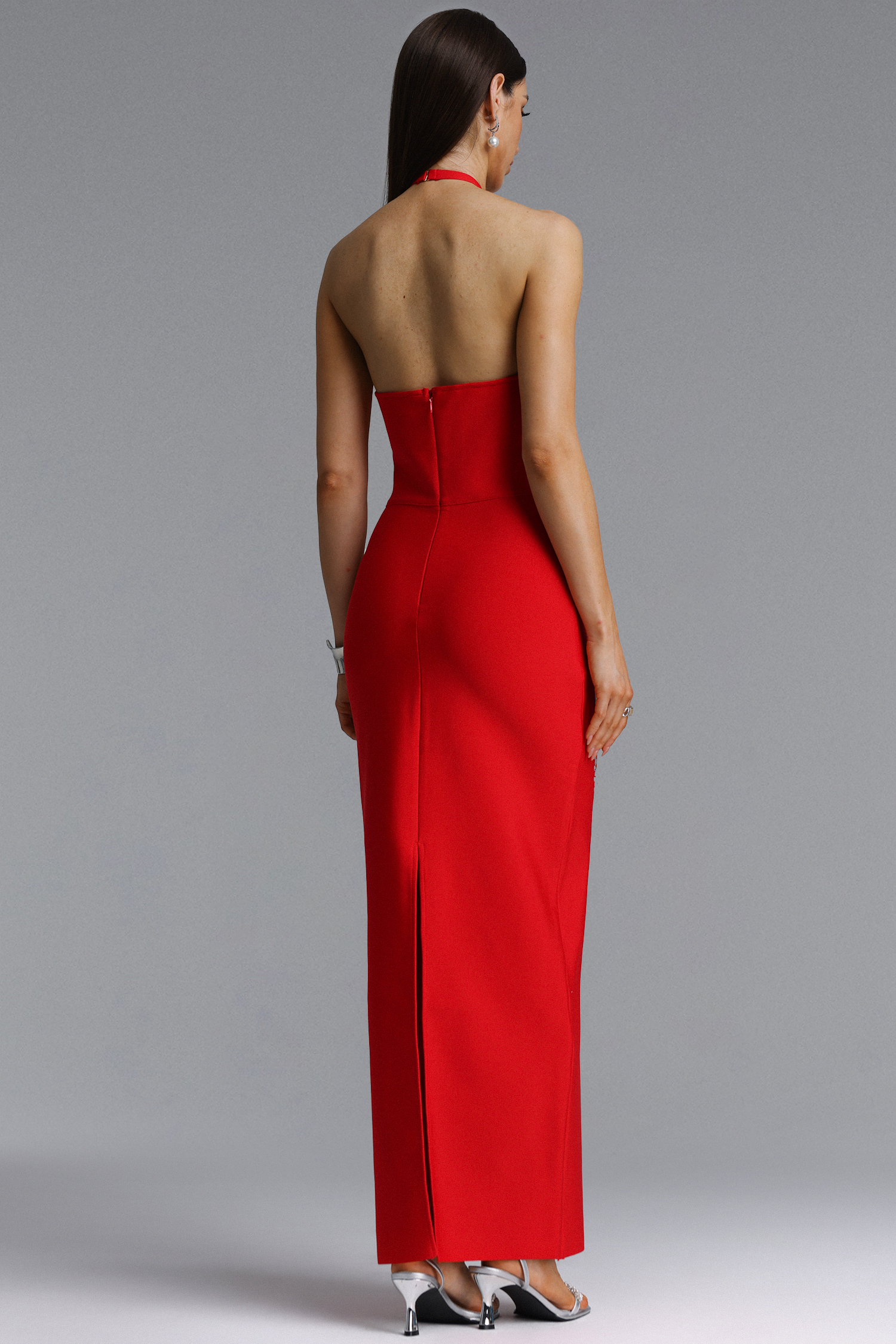 Uabeza Classic Halter Floral Rhinestone Bandage Maxi Dress