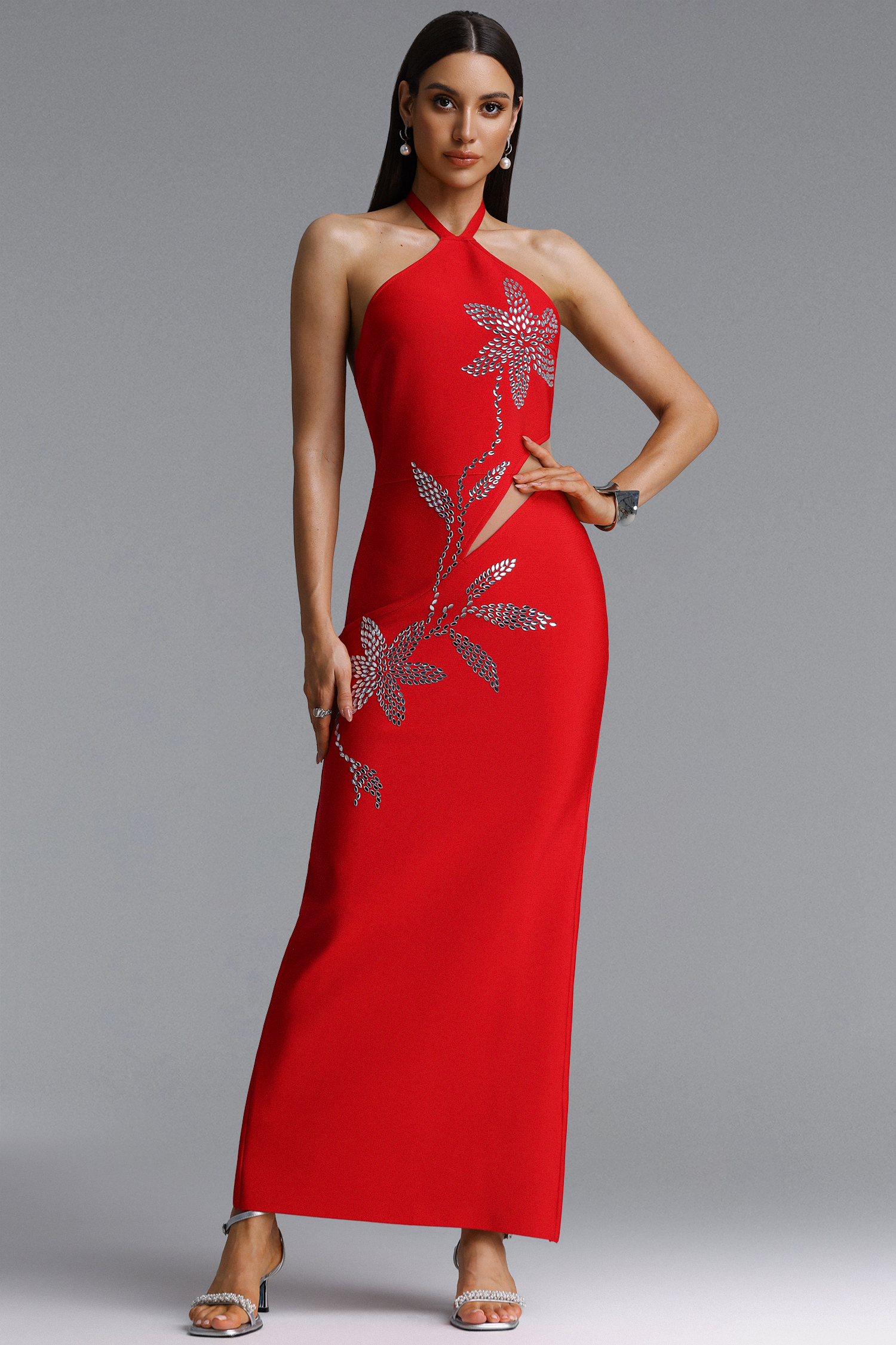 Uabeza Classic Halter Floral Rhinestone Bandage Maxi Dress